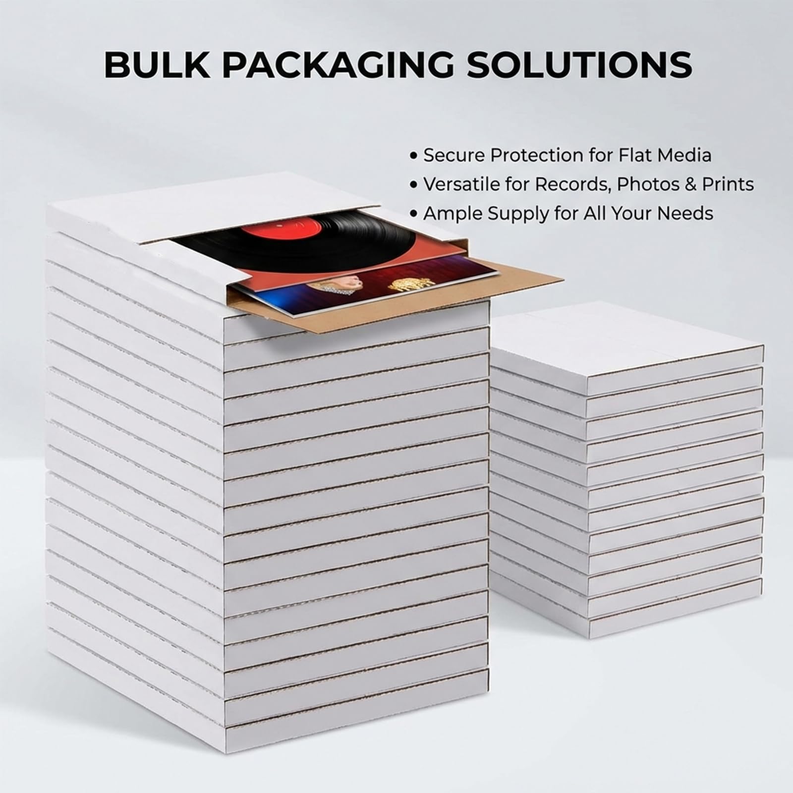 50 Pack Vinyl Record Shipping Boxes: 12.5" X 12.5" x 1" White Vinyl Record LP Shipping Mailer Boxes, Easy Fold LP Cardboard Mailing Boxes Multi Depth Album Mailers for Packaging Moving Storage
