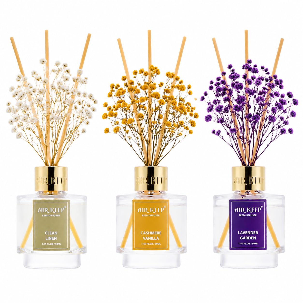Airkeep Reed Diffuser Set of 3,Clean Linen Ocean Mist&Sea Salt Lavender Eucalyptus Oil Reed Diffusers for Bedroom Living Room Office Aromatherapy Oil Reed Diffuser for Gift 50ml x 3