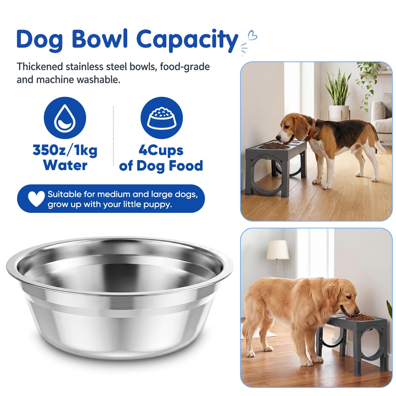 XIAZ Elevated Dog Bowls Large Breed Raised Dogs Bowl Stand Large/Medium Sized Dog Stainless Steel Food Water Bowl Stands 5 Heights Adjustable 9/11/12/14in Black Pet Feeder Dish Station