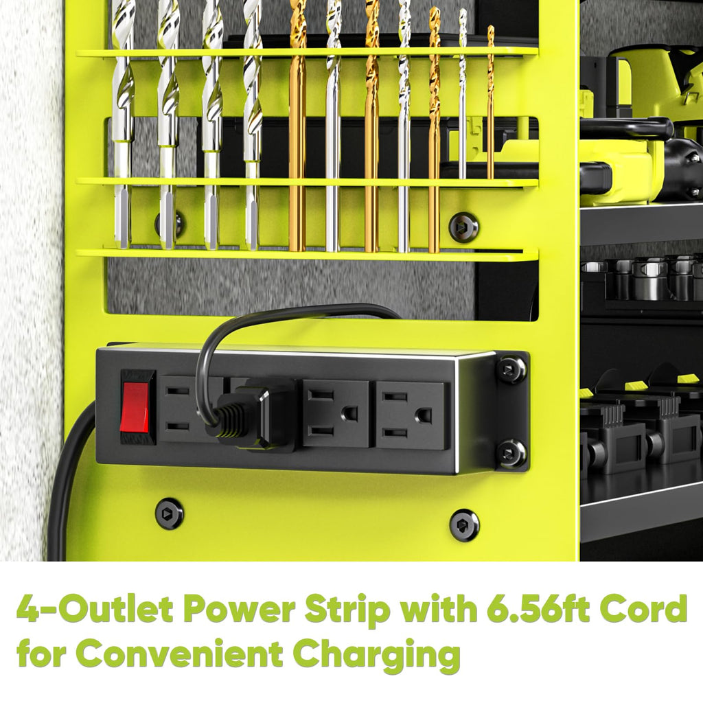 POKIPO Large Power Tool Organizer Wall Mount with Charging Station,4 Layer Heavy Duty Metal Tool Storage Rack Loads 600lbs with 8 Cordless Drill Holder,Battery Utility Rack Loads with 4 Power Strip