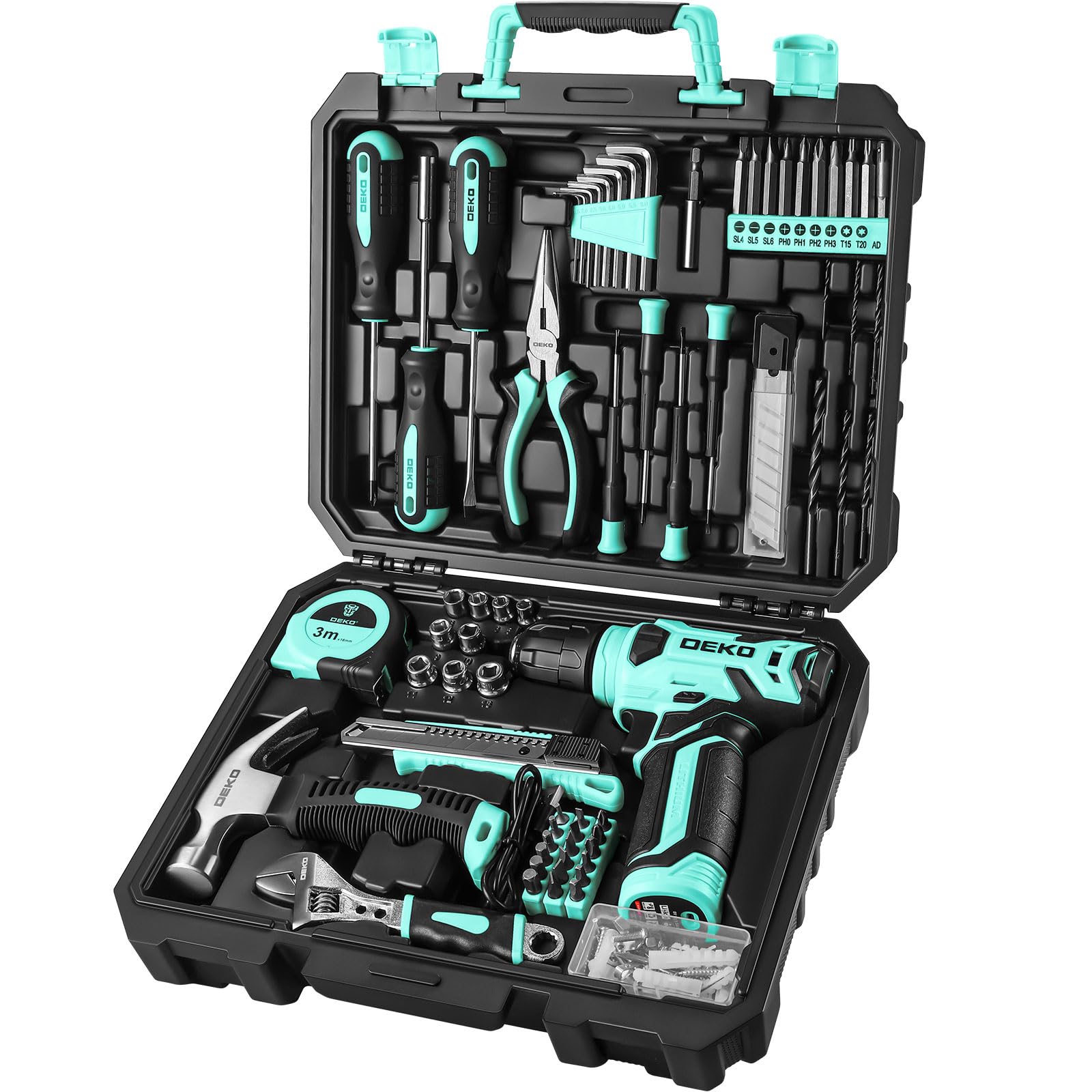 DEKOPRO Drill Set, Home Tool Set with 8V Pink Cordless Drill, Hand Tool Kit for Women, 126 pcs