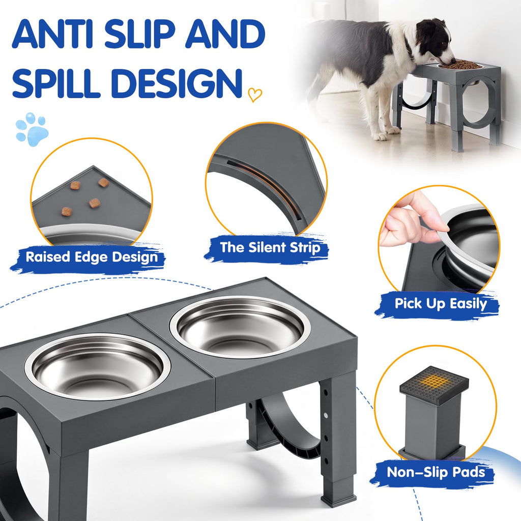 XIAZ Elevated Dog Bowls Large Breed Raised Dogs Bowl Stand Large/Medium Sized Dog Stainless Steel Food Water Bowl Stands 5 Heights Adjustable 9/11/12/14in Black Pet Feeder Dish Station