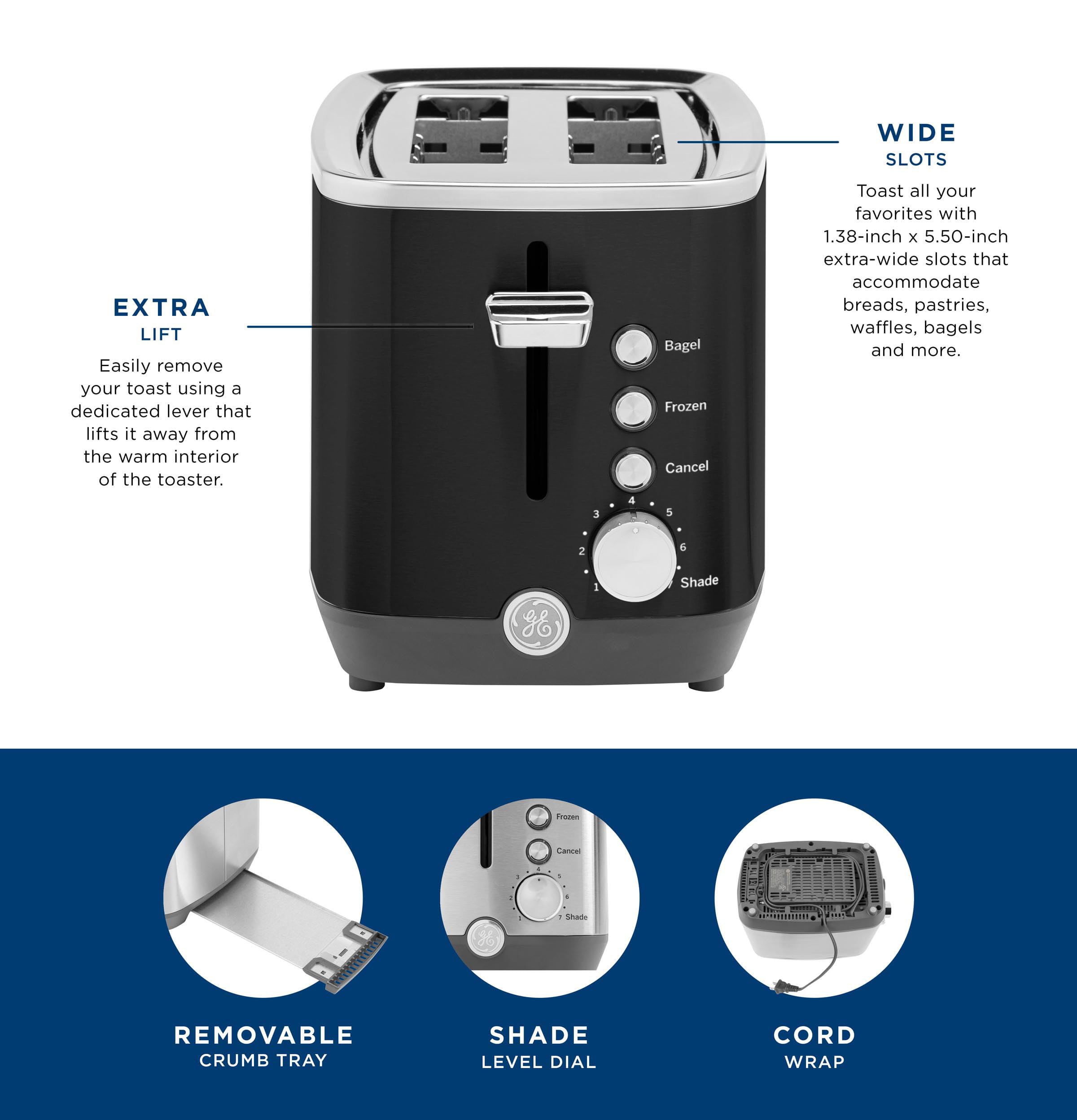 GE 4 Slice Toaster | Extra Wide Slots for Bagels, Breads, Waffles & More | 7 Shade Options | Countertop Kitchen Essentials | 1500 watt, White