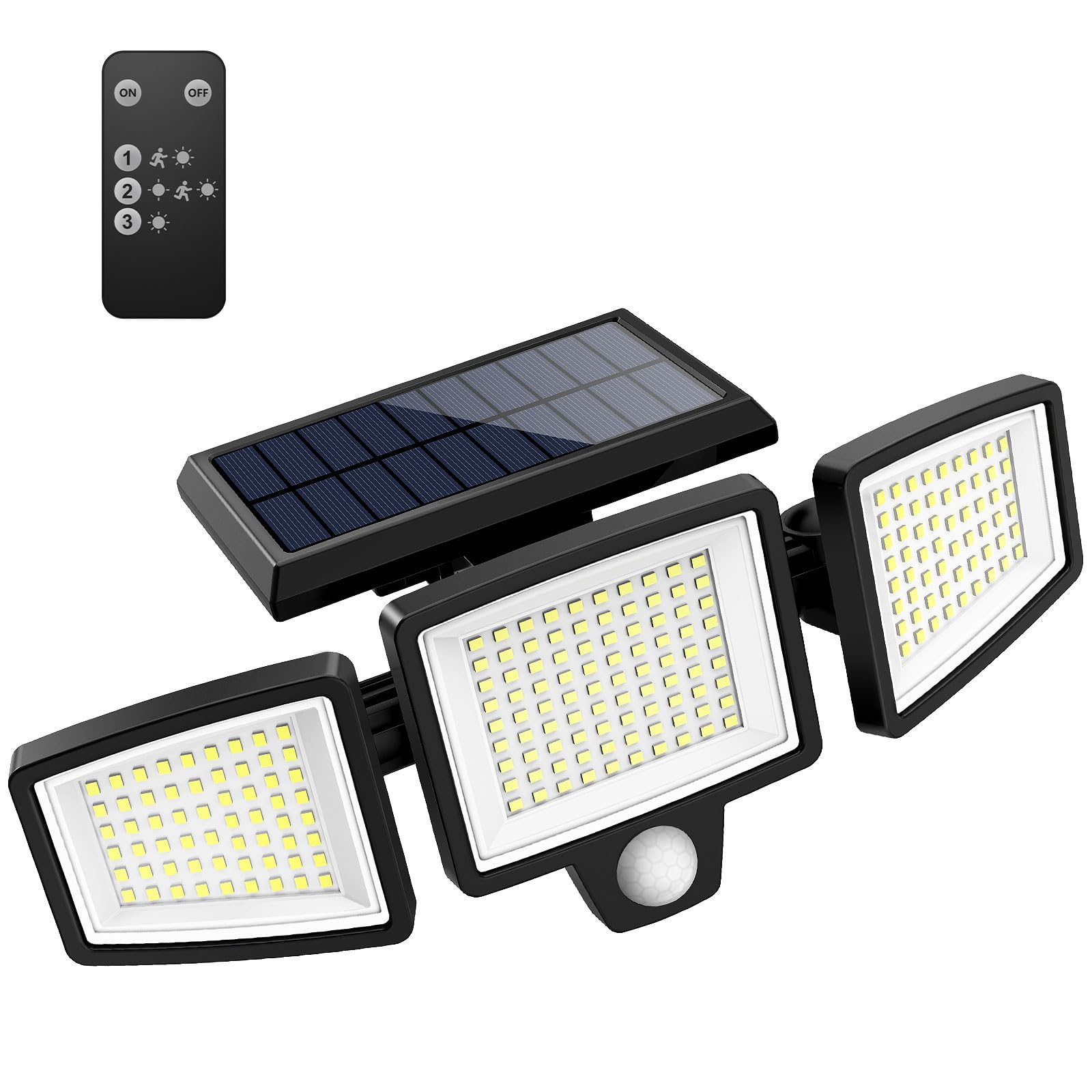 Tuffenough Solar Outdoor Lights 2500LM 210 LED Security Lights with Remote Control,3 Heads Motion Sensor Lights, IP65 Waterproof,270° Wide Angle Flood Wall Lights with 3 Modes(2 Packs)
