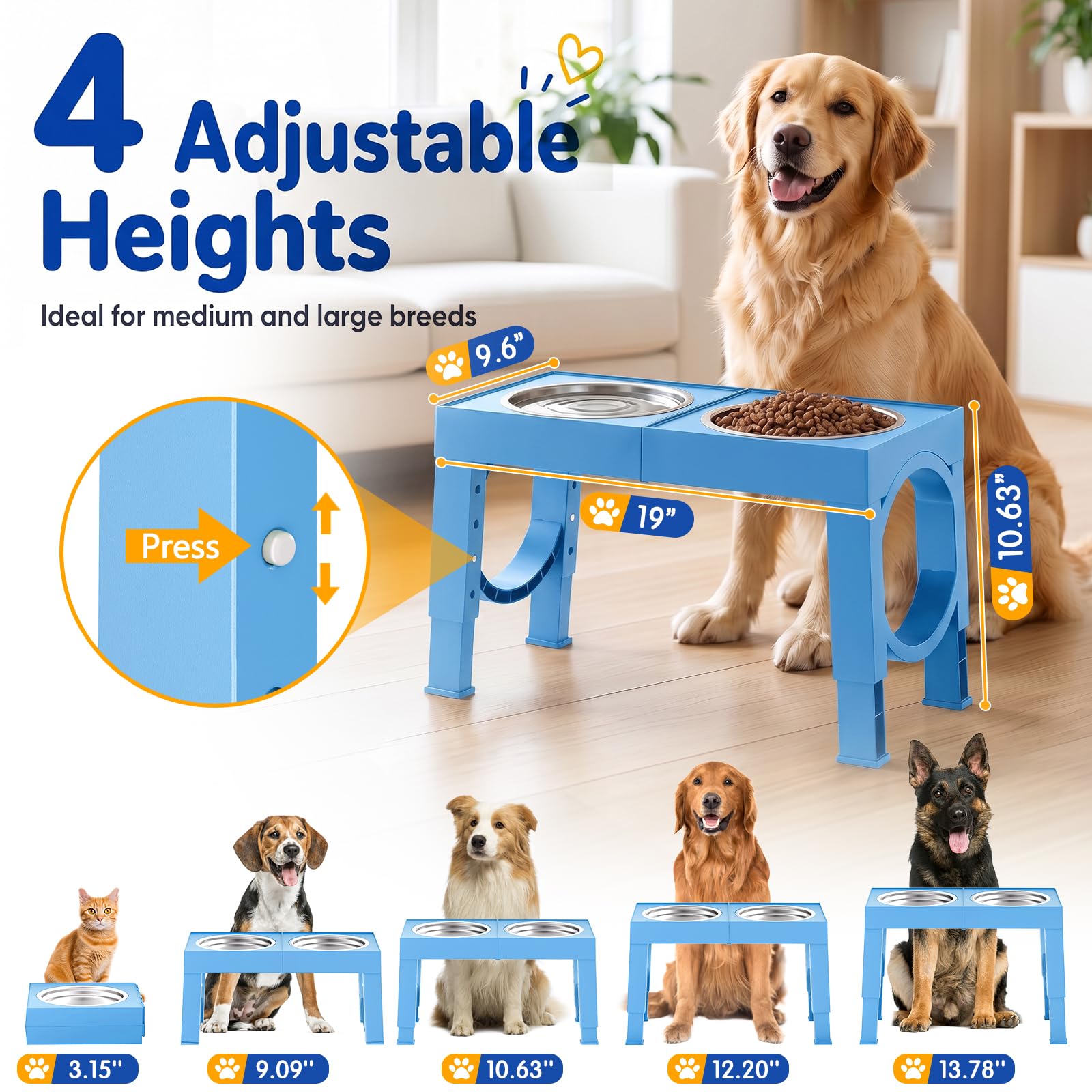 XIAZ Elevated Dog Bowls Large Breed Raised Dogs Bowl Stand Large/Medium Sized Dog Stainless Steel Food Water Bowl Stands 5 Heights Adjustable 9/11/12/14in Black Pet Feeder Dish Station