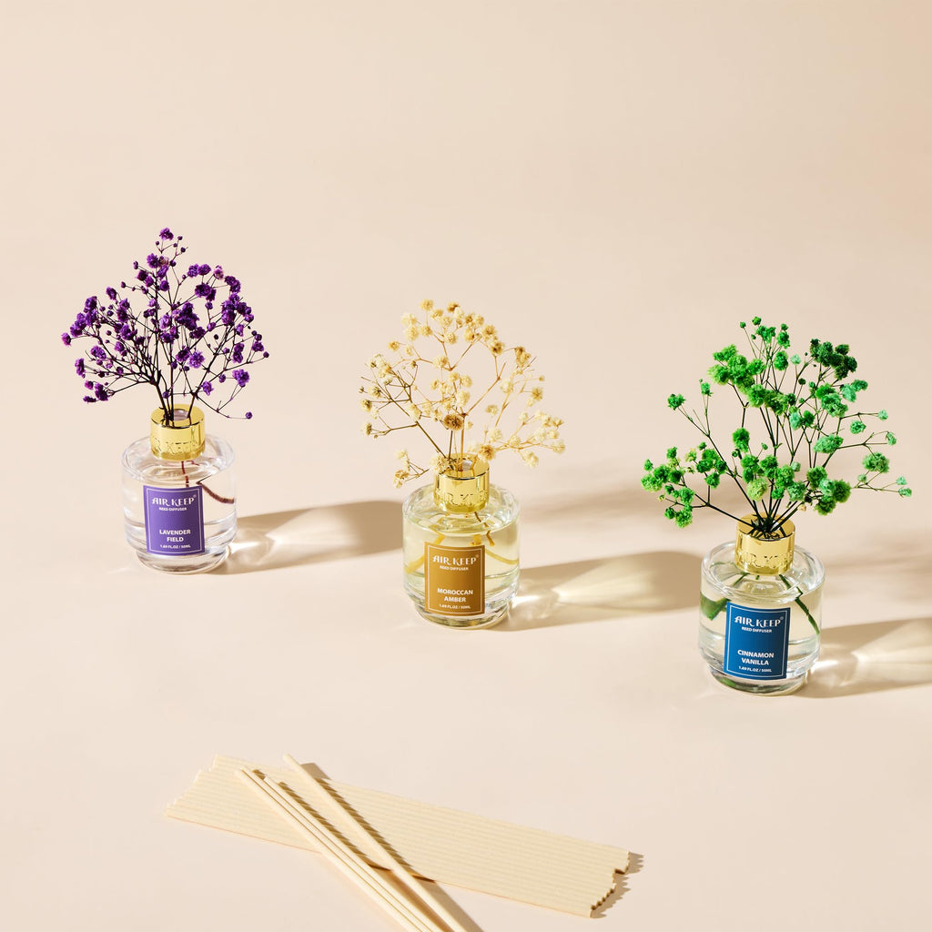 Airkeep Reed Diffuser Set of 3,Clean Linen Ocean Mist&Sea Salt Lavender Eucalyptus Oil Reed Diffusers for Bedroom Living Room Office Aromatherapy Oil Reed Diffuser for Gift 50ml x 3
