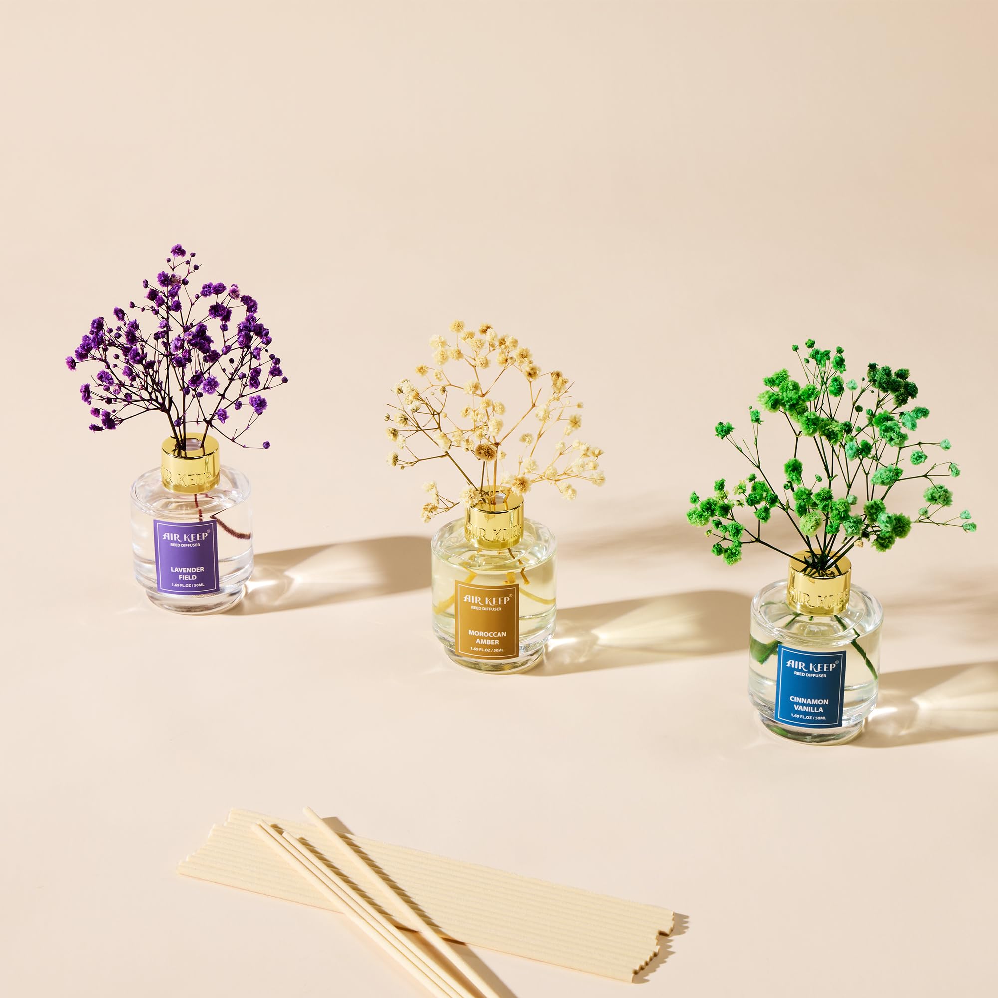 Airkeep Reed Diffuser Set of 3,Clean Linen Ocean Mist&Sea Salt Lavender Eucalyptus Oil Reed Diffusers for Bedroom Living Room Office Aromatherapy Oil Reed Diffuser for Gift 50ml x 3