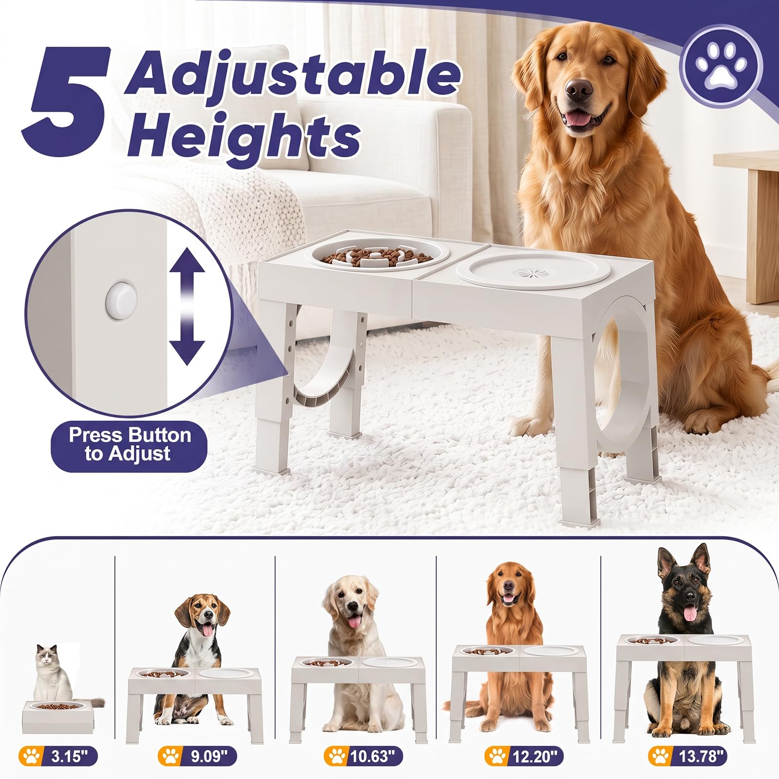 XIAZ Elevated Dog Bowls Large Breed Raised Dogs Bowl Stand Large/Medium Sized Dog Stainless Steel Food Water Bowl Stands 5 Heights Adjustable 9/11/12/14in Black Pet Feeder Dish Station