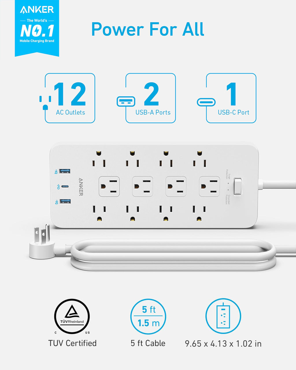 Anker Power Strip with 2100J Surge Protector, Outlet Extender, 20W, 12 AC