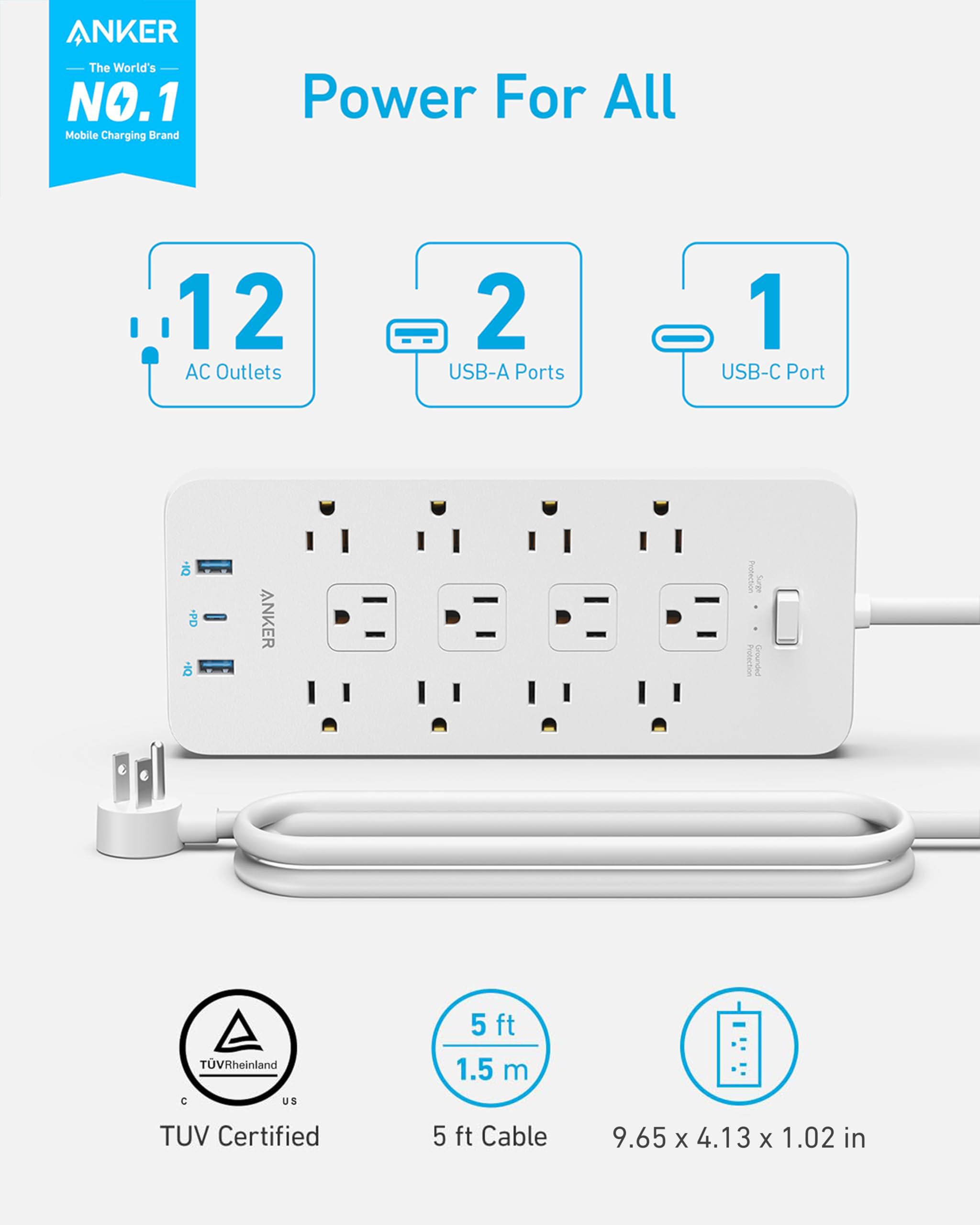Anker Power Strip with 2100J Surge Protector, Outlet Extender, 20W, 12 AC