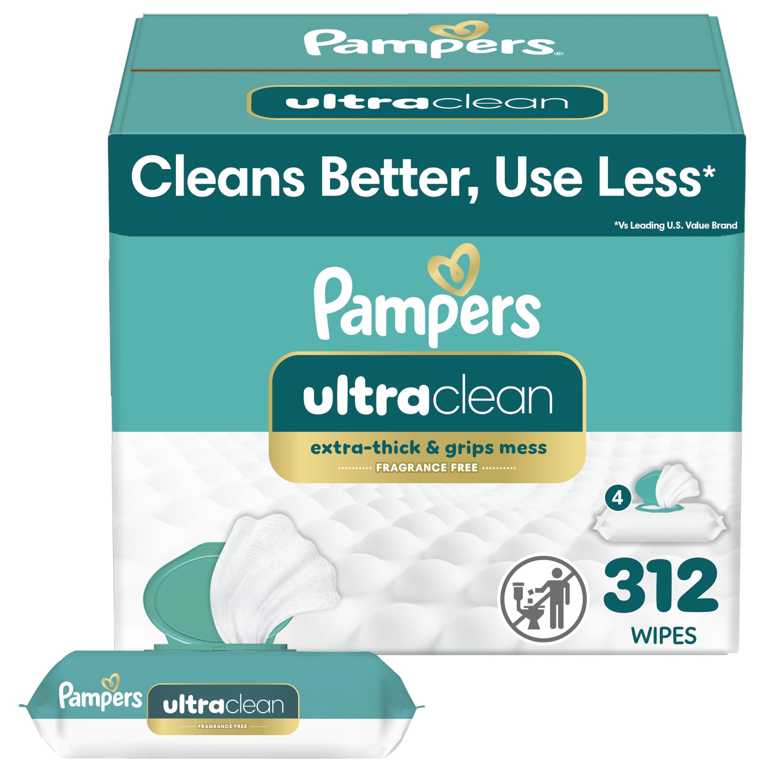 Pampers Ultraclean Baby Wipes (Previously 'Free & Gentle'), 99% Water, Hypoallergenic, Unscented, 100% Plant Based, Plastic-Free, 936 Wipes Total (12X Flip-Top Packs)