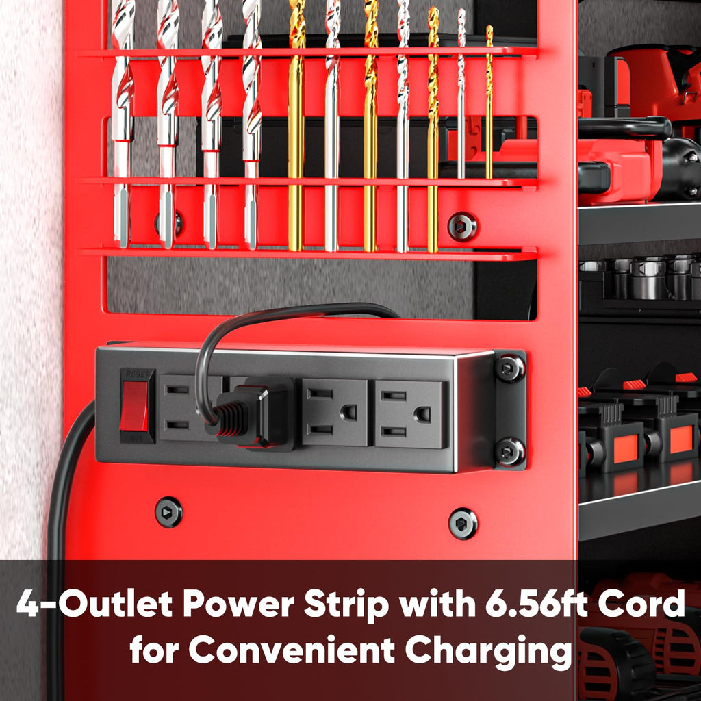 POKIPO Large Power Tool Organizer Wall Mount with Charging Station,4 Layer Heavy Duty Metal Tool Storage Rack Loads 600lbs with 8 Cordless Drill Holder,Battery Utility Rack Loads with 4 Power Strip