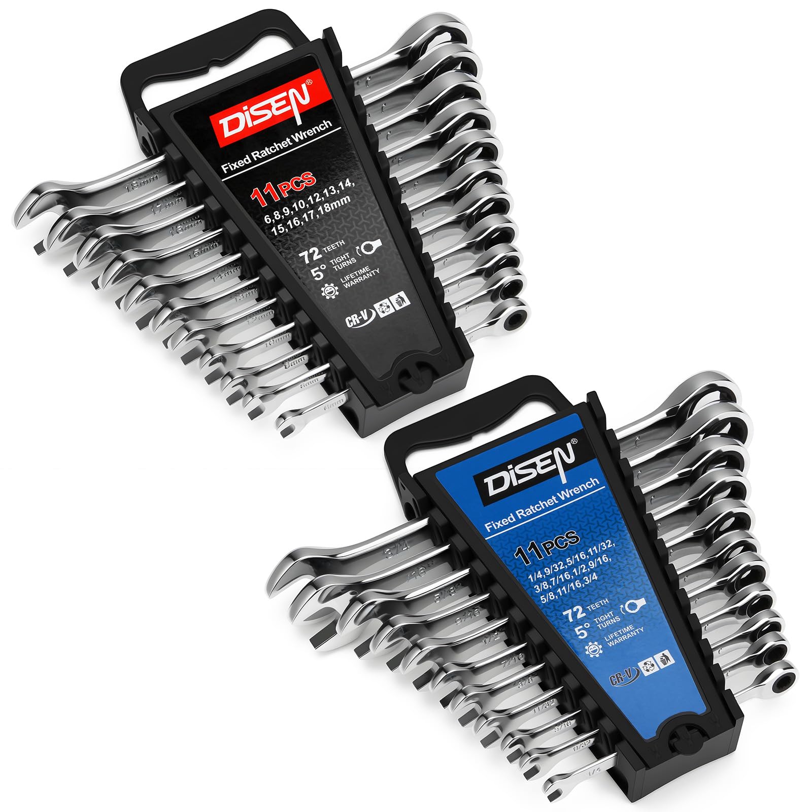 DISEN 10Pcs Ratcheting Wrench Set SAE & Metric Ratchet Wrench Set with Rack Organizer, Premium CR-v Steel, 12 Point, 72 Teeth,Box End and Open End Ratcheting Wrench Set,Metric 10-15mm&SAE 3/8''-5/8''