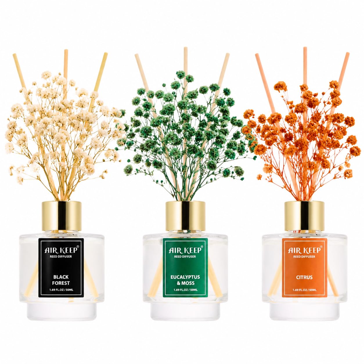 Airkeep Reed Diffuser Set of 3,Clean Linen Ocean Mist&Sea Salt Lavender Eucalyptus Oil Reed Diffusers for Bedroom Living Room Office Aromatherapy Oil Reed Diffuser for Gift 50ml x 3