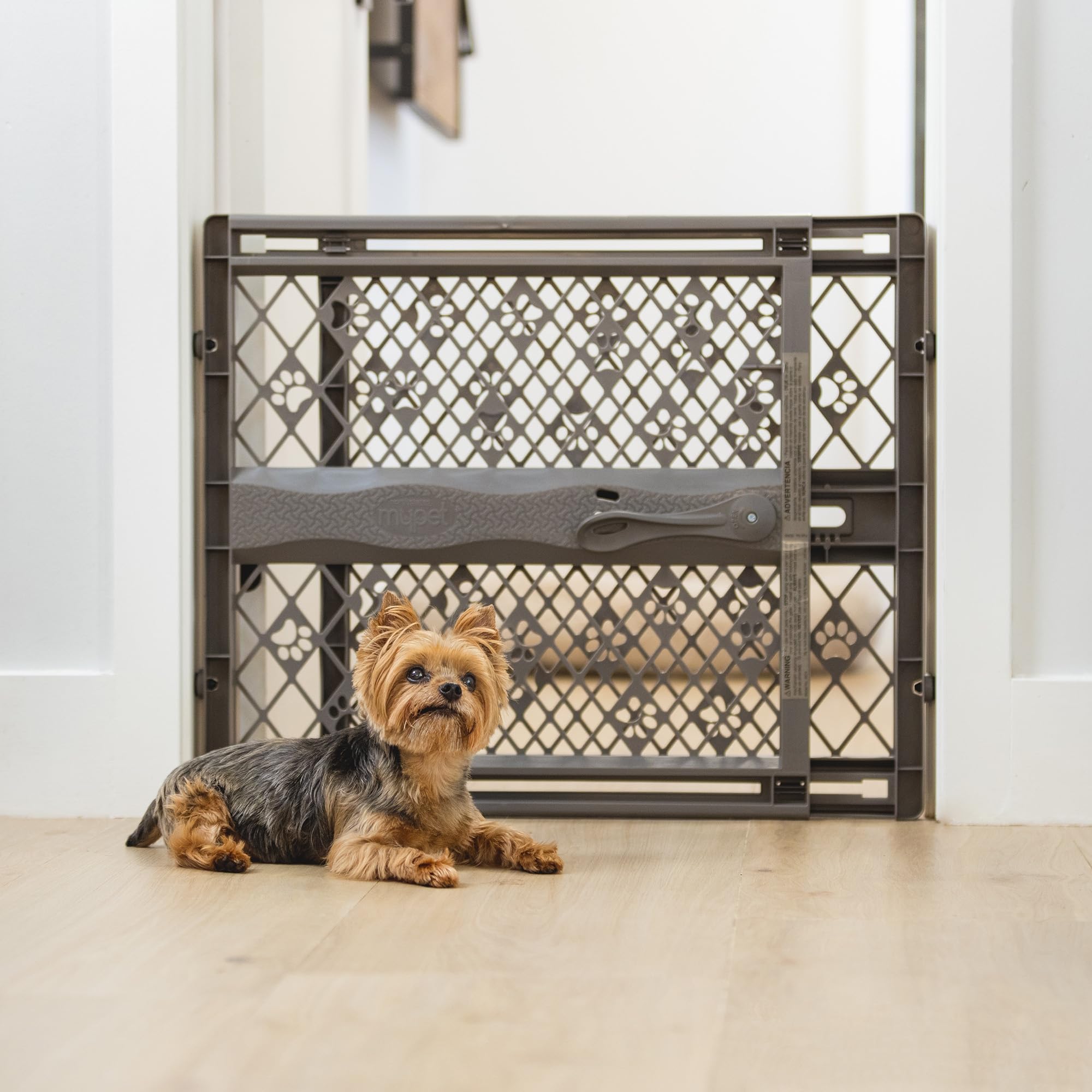 MYPET North States Paws Portable Pet Gate: 26-40" Wide. Pressure Mount. No Tools Needed. Made in USA. Dog Gate 23" Tall, Expandable, Durable Dog Gates for Doorways, Light Gray