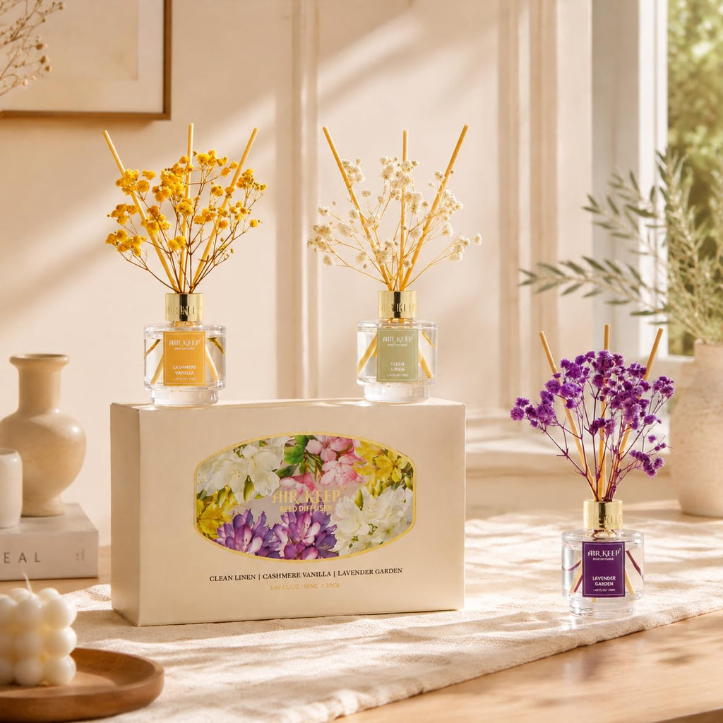 Airkeep Reed Diffuser Set of 3,Clean Linen Ocean Mist&Sea Salt Lavender Eucalyptus Oil Reed Diffusers for Bedroom Living Room Office Aromatherapy Oil Reed Diffuser for Gift 50ml x 3