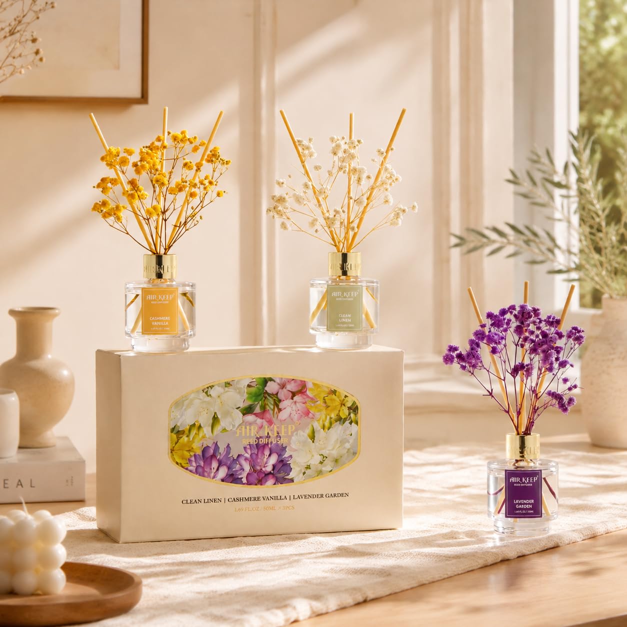 Airkeep Reed Diffuser Set of 3,Clean Linen Ocean Mist&Sea Salt Lavender Eucalyptus Oil Reed Diffusers for Bedroom Living Room Office Aromatherapy Oil Reed Diffuser for Gift 50ml x 3