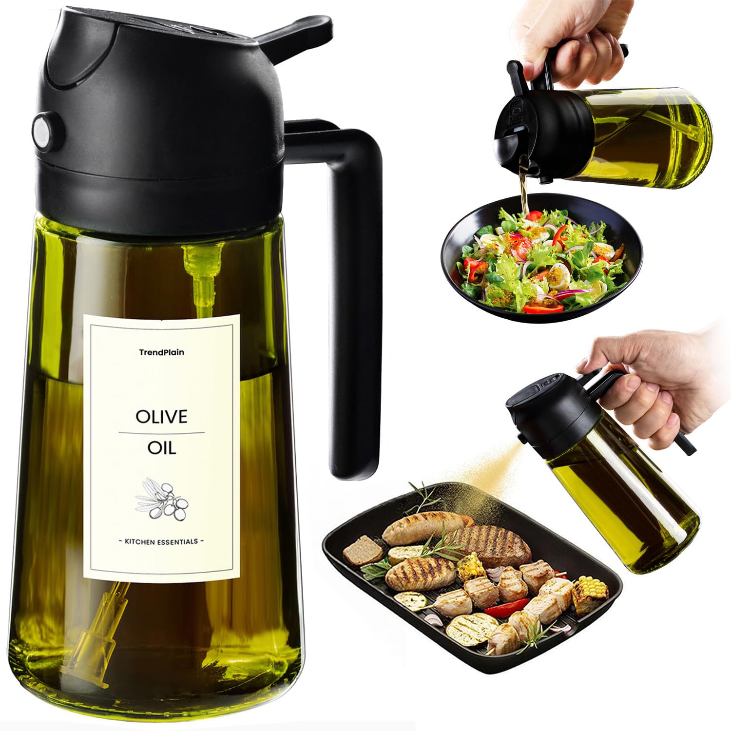 TrendPlain - Original 16oz/470ml Olive Oil Dispenser Bottle for Kitchen Gadgets and Air Fryer Accessories - Olive Oil Sprayer for Cooking w/Stickers - Black&Green