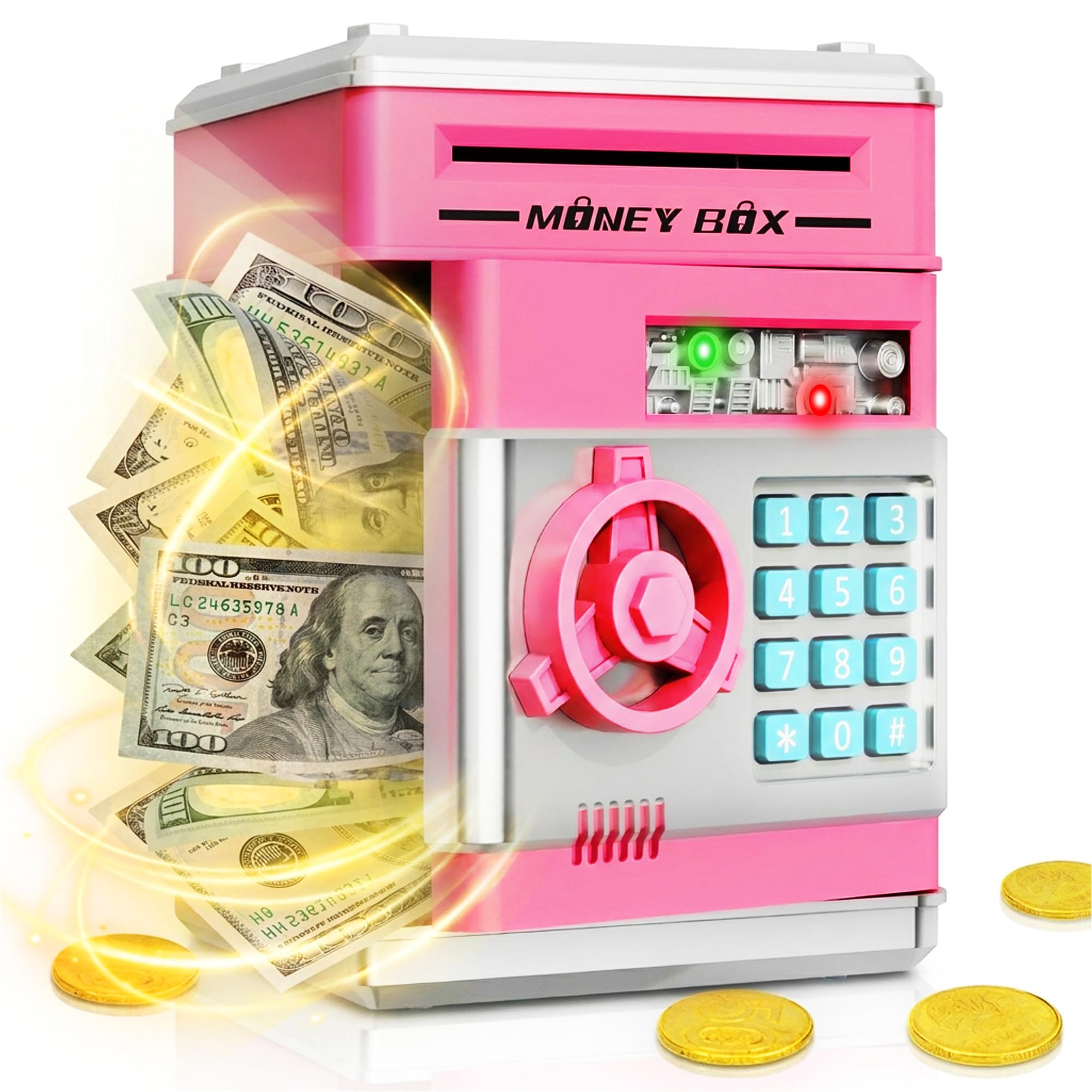 Refasy Piggy Bank Cash Coin Can ATM Bank Electronic Coin Money Bank for Kids Age 3-12, Money Savings Box Mini ATM Coin Bank Toys Gifts for 3 4 5 6 7 8 9 10 11 12 Year Old Boys Girls