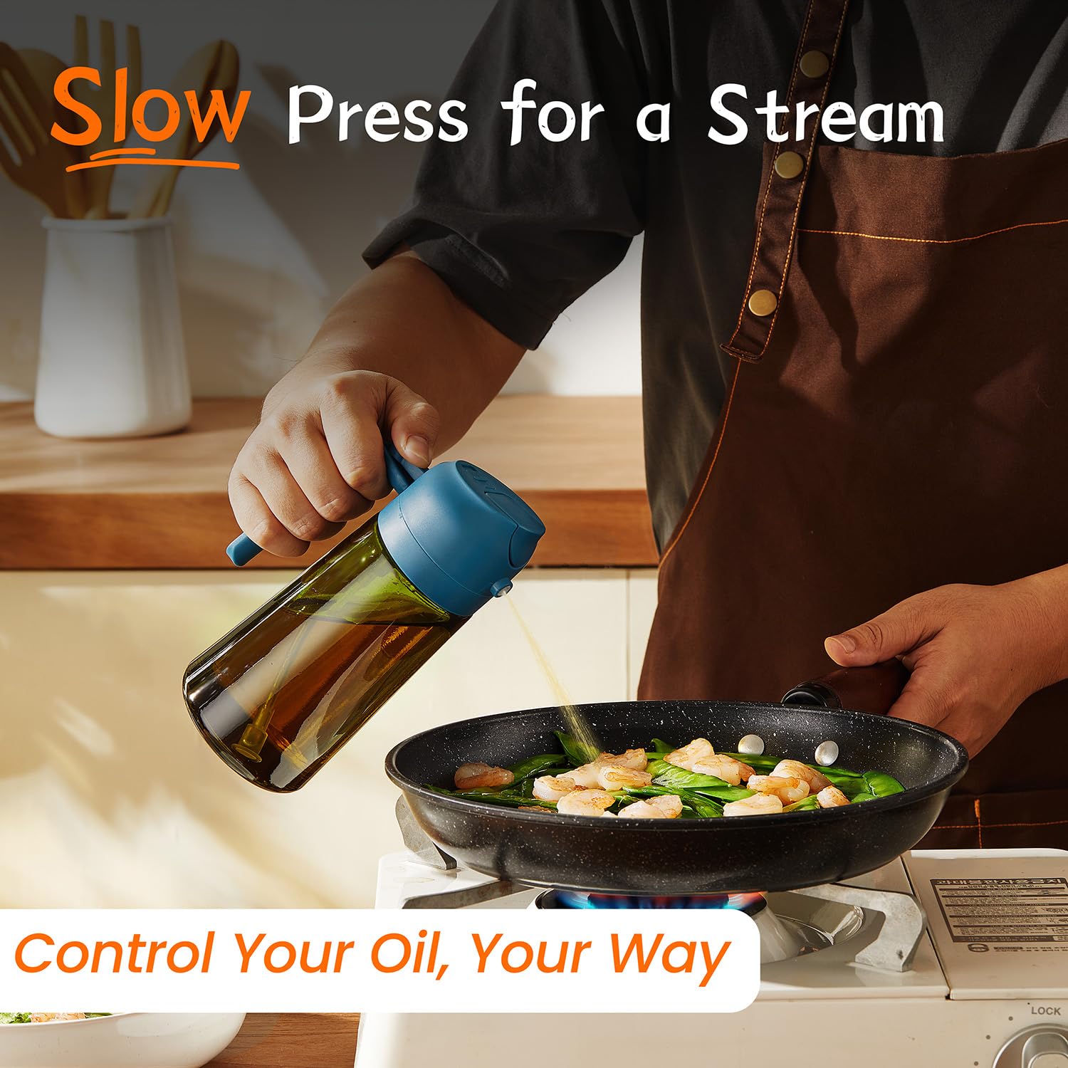 TrendPlain - Original 16oz/470ml Olive Oil Dispenser Bottle for Kitchen Gadgets and Air Fryer Accessories - Olive Oil Sprayer for Cooking w/Stickers - Black&Green