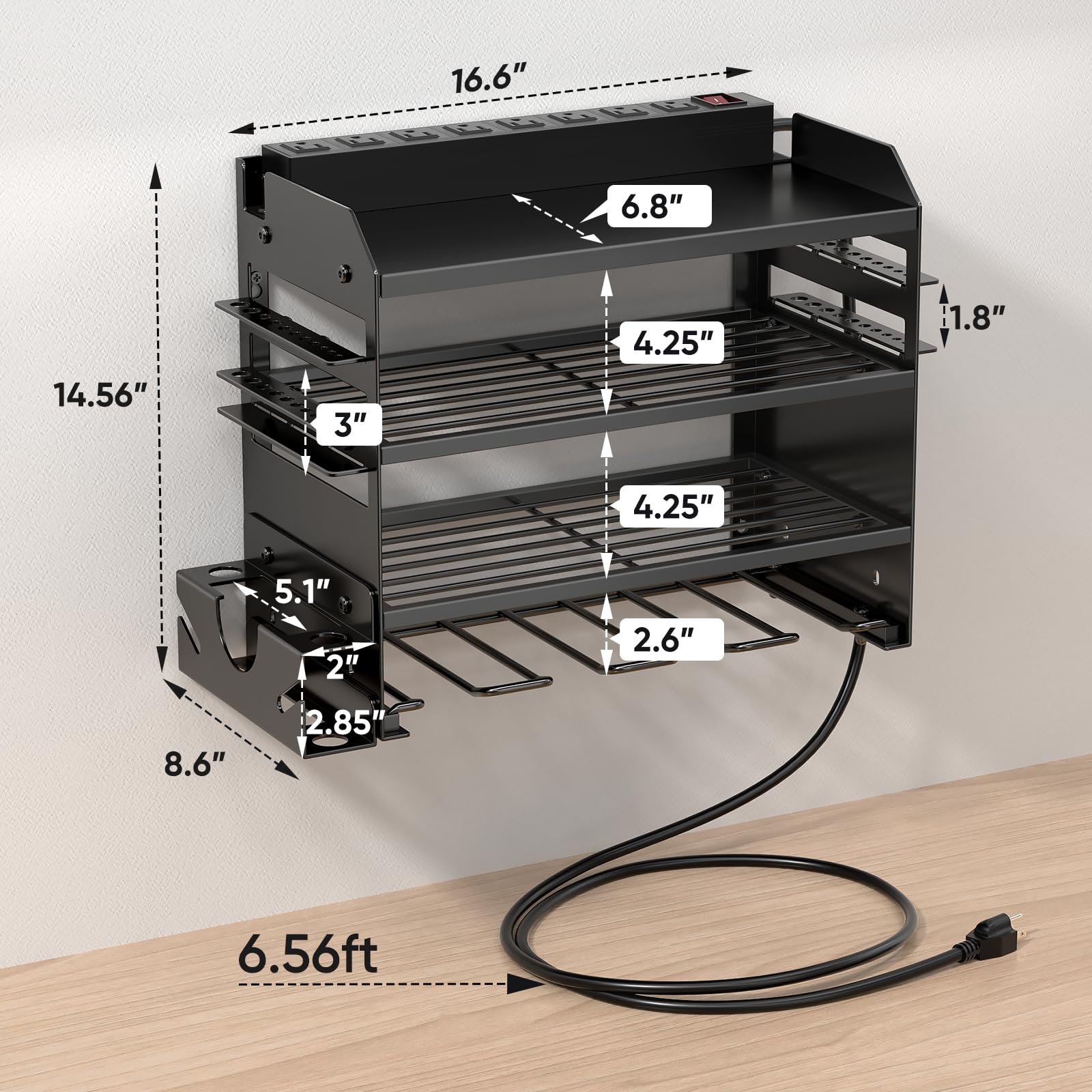 POKIPO Large Power Tool Organizer Wall Mount with Charging Station,4 Layer Heavy Duty Metal Tool Storage Rack Loads 600lbs with 8 Cordless Drill Holder,Battery Utility Rack Loads with 4 Power Strip