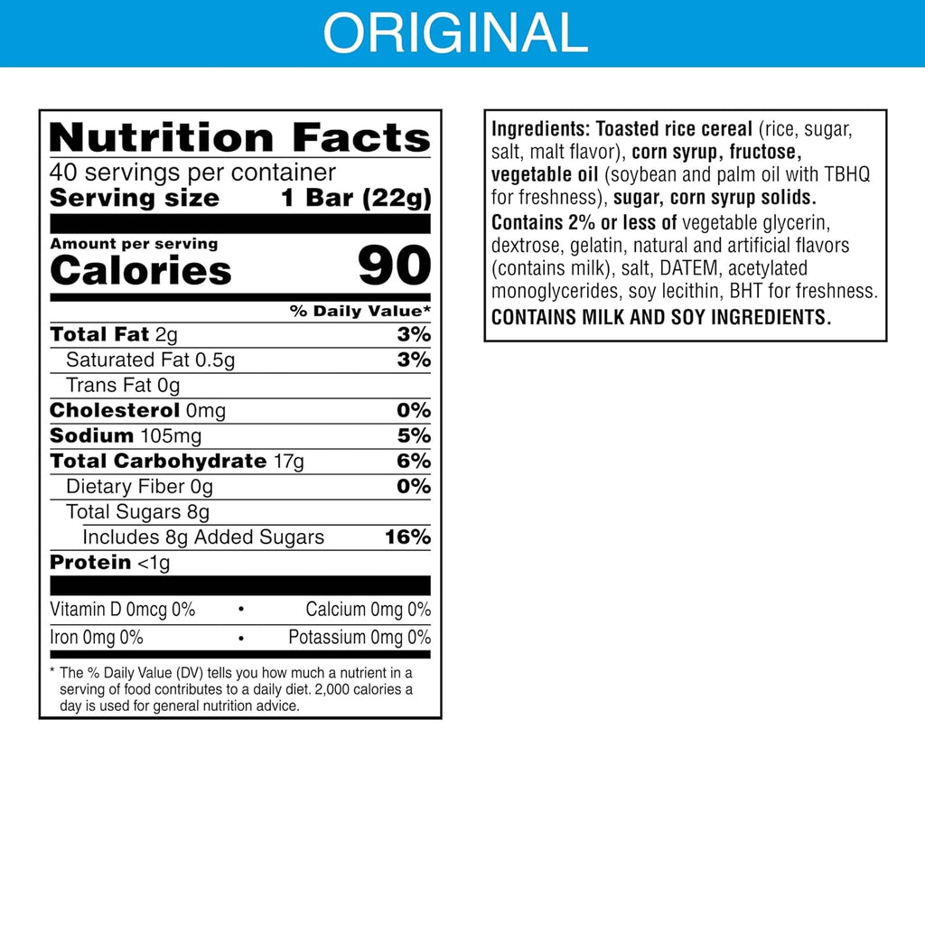 Rice Krispies Treats Crispy Marshmallow Squares, Kids Snacks, Cereal Bars, Original, 31.2oz Box (40 Bars)