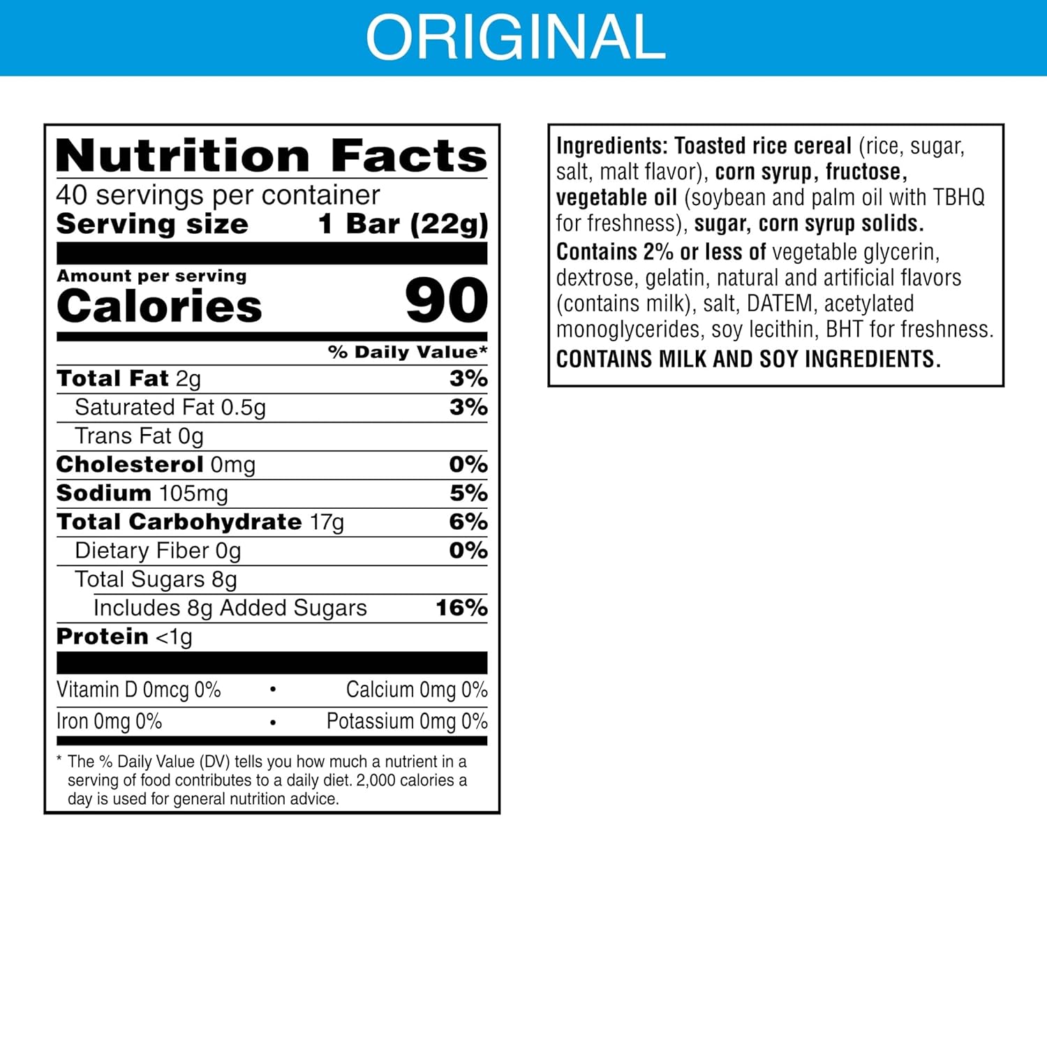 Rice Krispies Treats Crispy Marshmallow Squares, Kids Snacks, Cereal Bars, Original, 31.2oz Box (40 Bars)