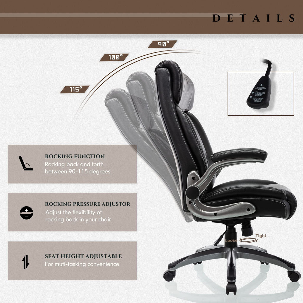 COLAMY High Back Executive Office Chair - Padded Leather Ergonomic Computer Desk Chair with Inflatable Lumbar Support & Flip-Up Arms, Adjustable Tilt Lock Swivel Task Chair for Home Office, Black