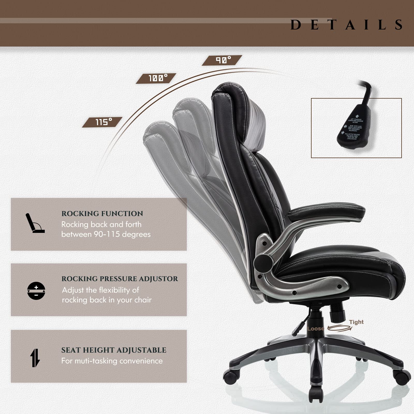 COLAMY High Back Executive Office Chair - Padded Leather Ergonomic Computer Desk Chair with Inflatable Lumbar Support & Flip-Up Arms, Adjustable Tilt Lock Swivel Task Chair for Home Office, Black