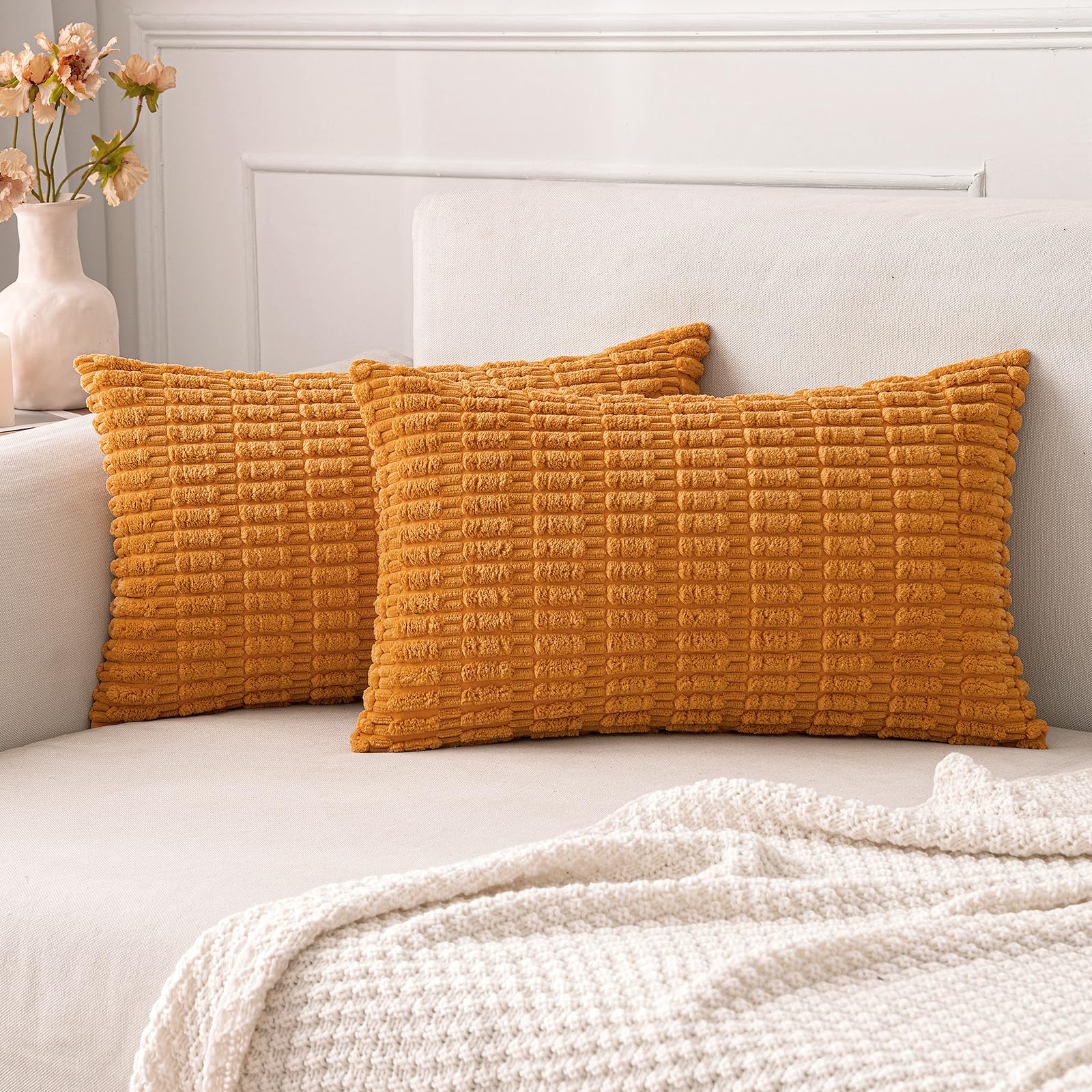 MIULEE Corduroy Decorative Throw Pillow Covers 18x18 Cream White Pack of 2