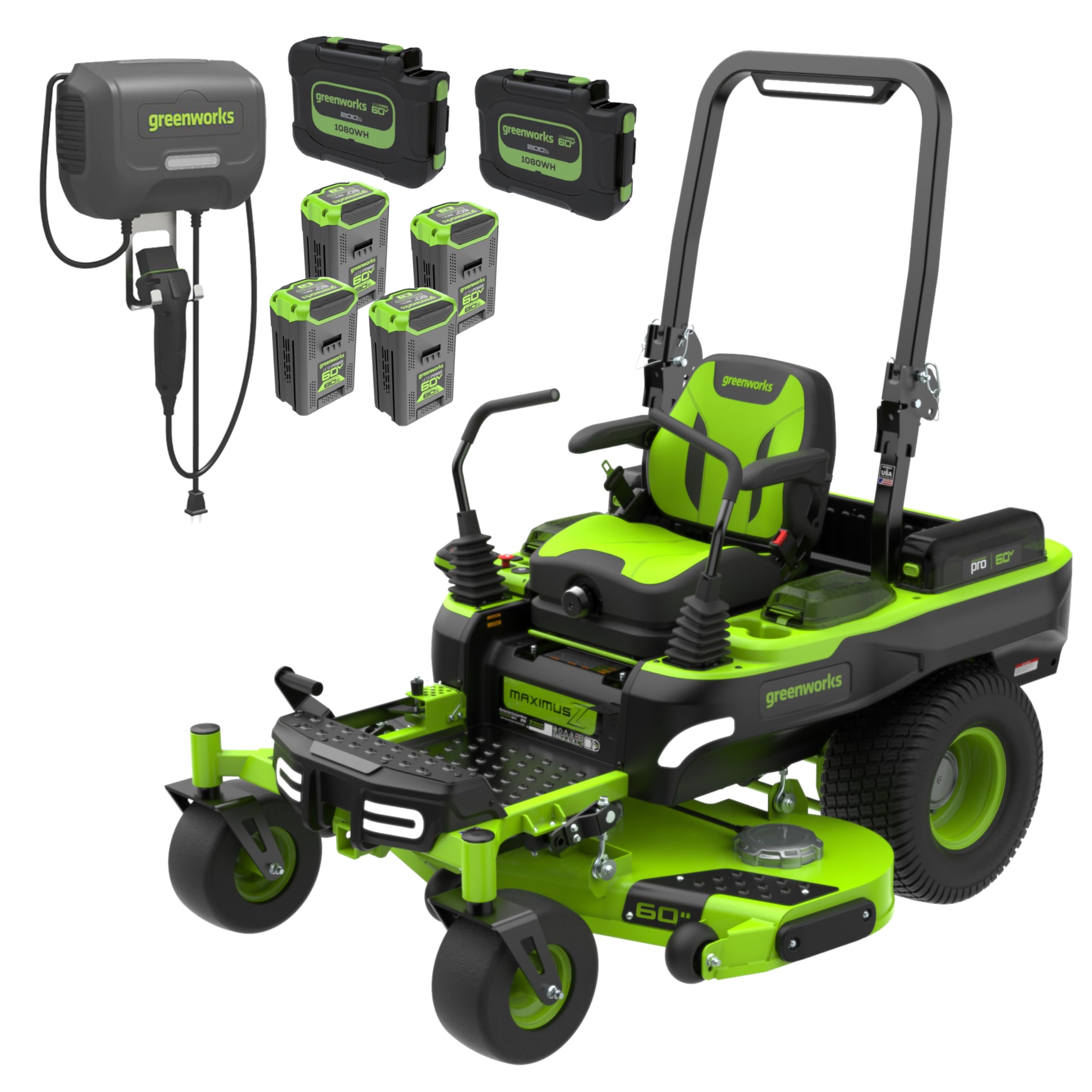 Greenworks 60V 30' Riding Lawn Mower (1.25 Acre, 16 HP Gas Equivalent, 6 MPH, Tow Up to 200 lbs.), (4) 8.0Ah Batteries (1,920 Wh Max) + Turbo Wall Charger