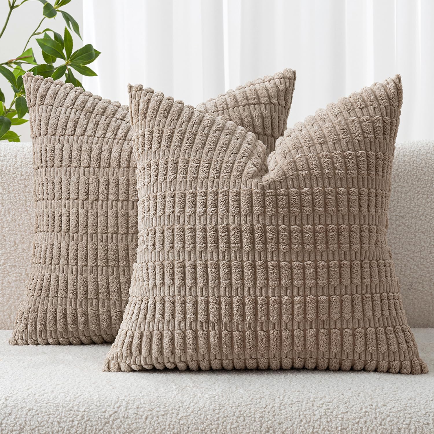 MIULEE Corduroy Decorative Throw Pillow Covers 18x18 Cream White Pack of 2