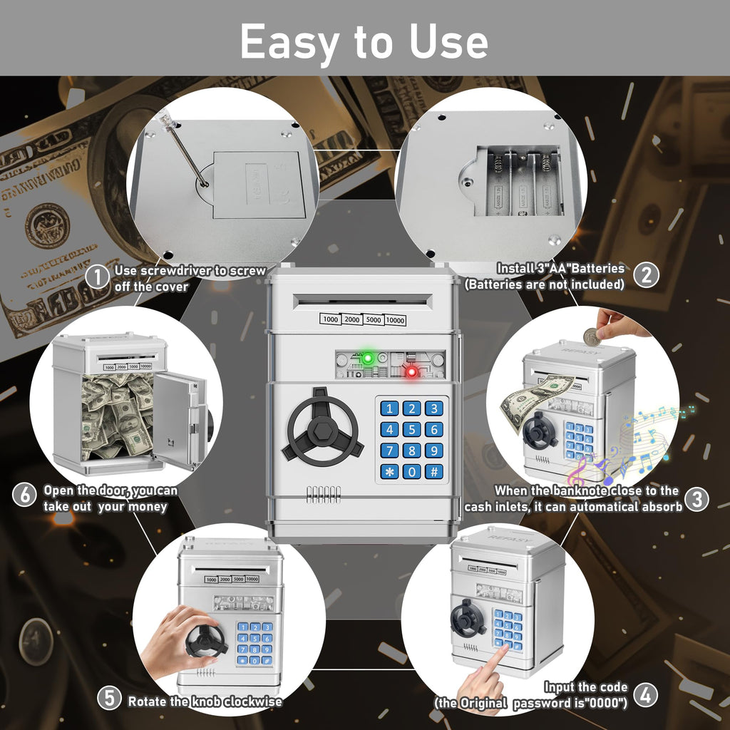 Refasy Piggy Bank Cash Coin Can ATM Bank Electronic Coin Money Bank for Kids Age 3-12, Money Savings Box Mini ATM Coin Bank Toys Gifts for 3 4 5 6 7 8 9 10 11 12 Year Old Boys Girls