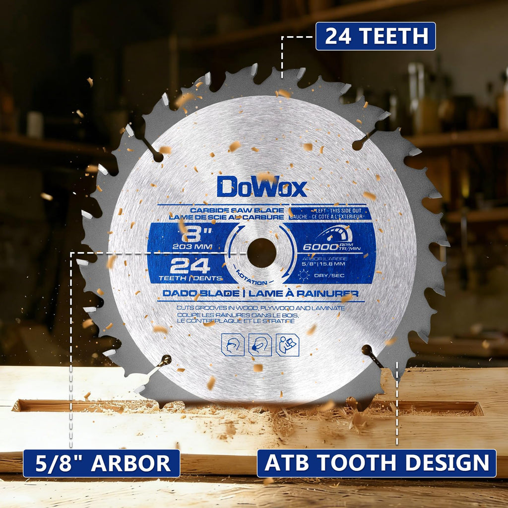 10" Carbide Stacked Dado Saw Blade Set, Pro Dado Set for Fine Finished Cuts, Grooves, Dados and Rabbets, 24 Tooth with 5/8" Bore, 23 Pieces