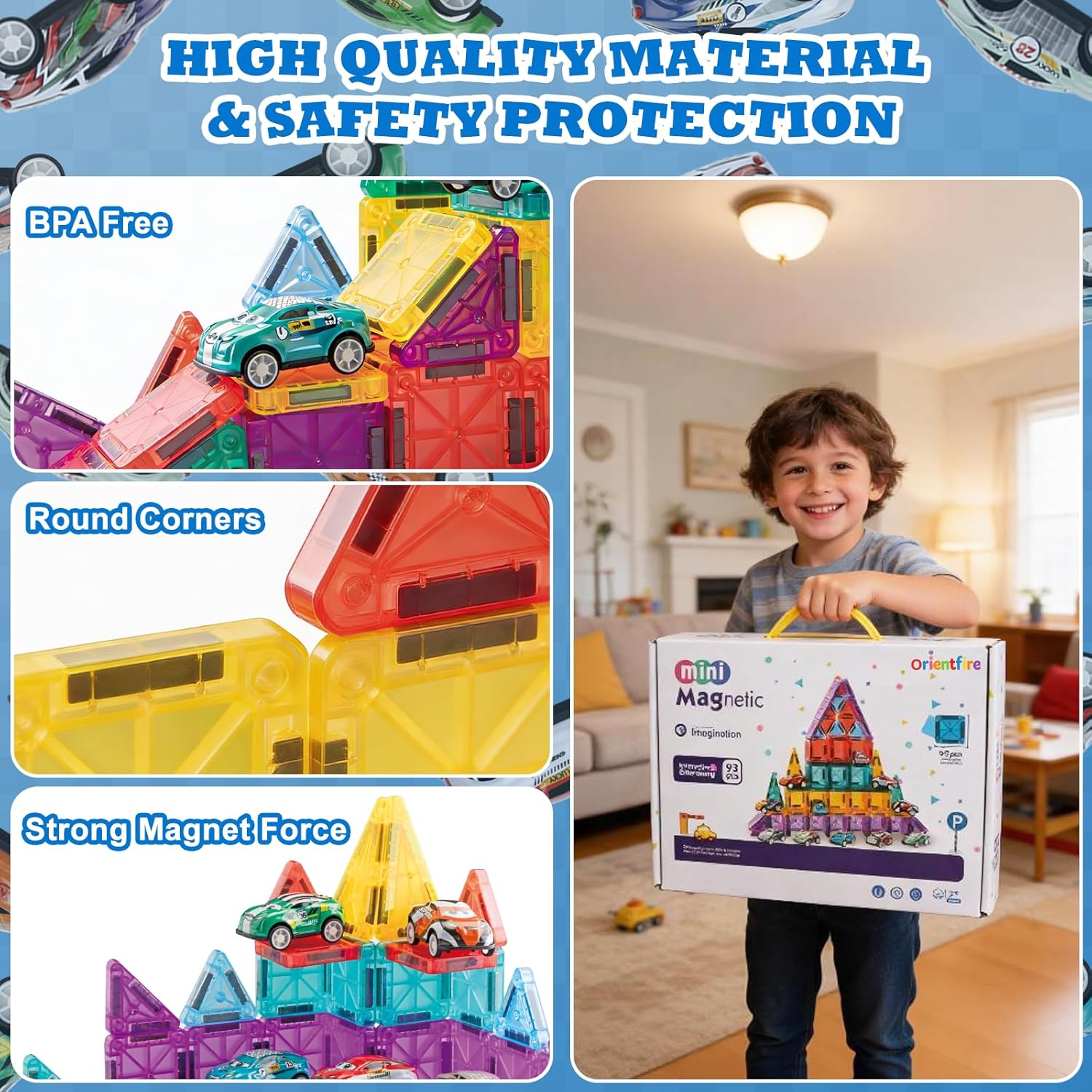Mini Magnetic Tiles 93PCS Set with 12 Cars and Storage Bag for Kids 3-6