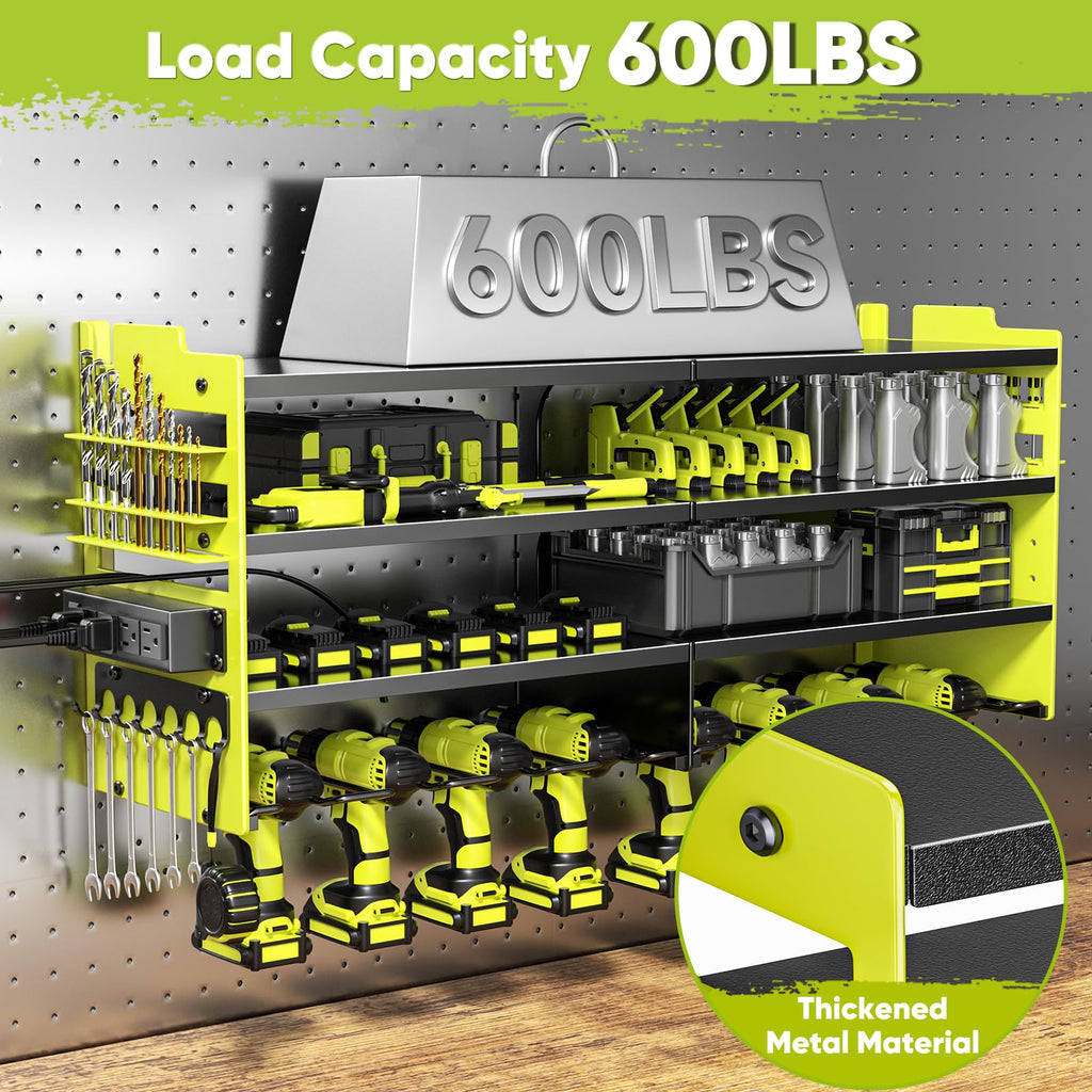 POKIPO Large Power Tool Organizer Wall Mount with Charging Station,4 Layer Heavy Duty Metal Tool Storage Rack Loads 600lbs with 8 Cordless Drill Holder,Battery Utility Rack Loads with 4 Power Strip