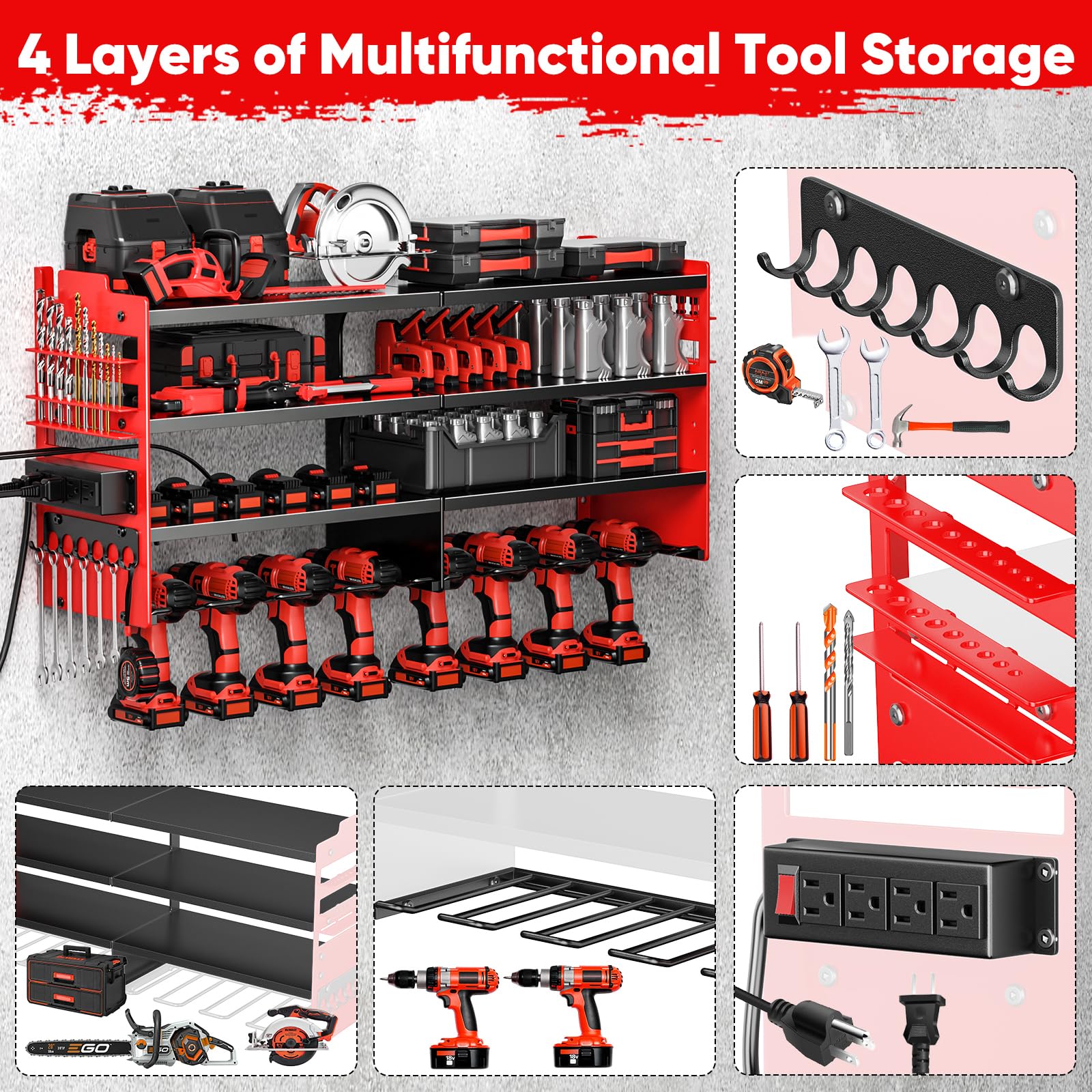 POKIPO Large Power Tool Organizer Wall Mount with Charging Station,4 Layer Heavy Duty Metal Tool Storage Rack Loads 600lbs with 8 Cordless Drill Holder,Battery Utility Rack Loads with 4 Power Strip