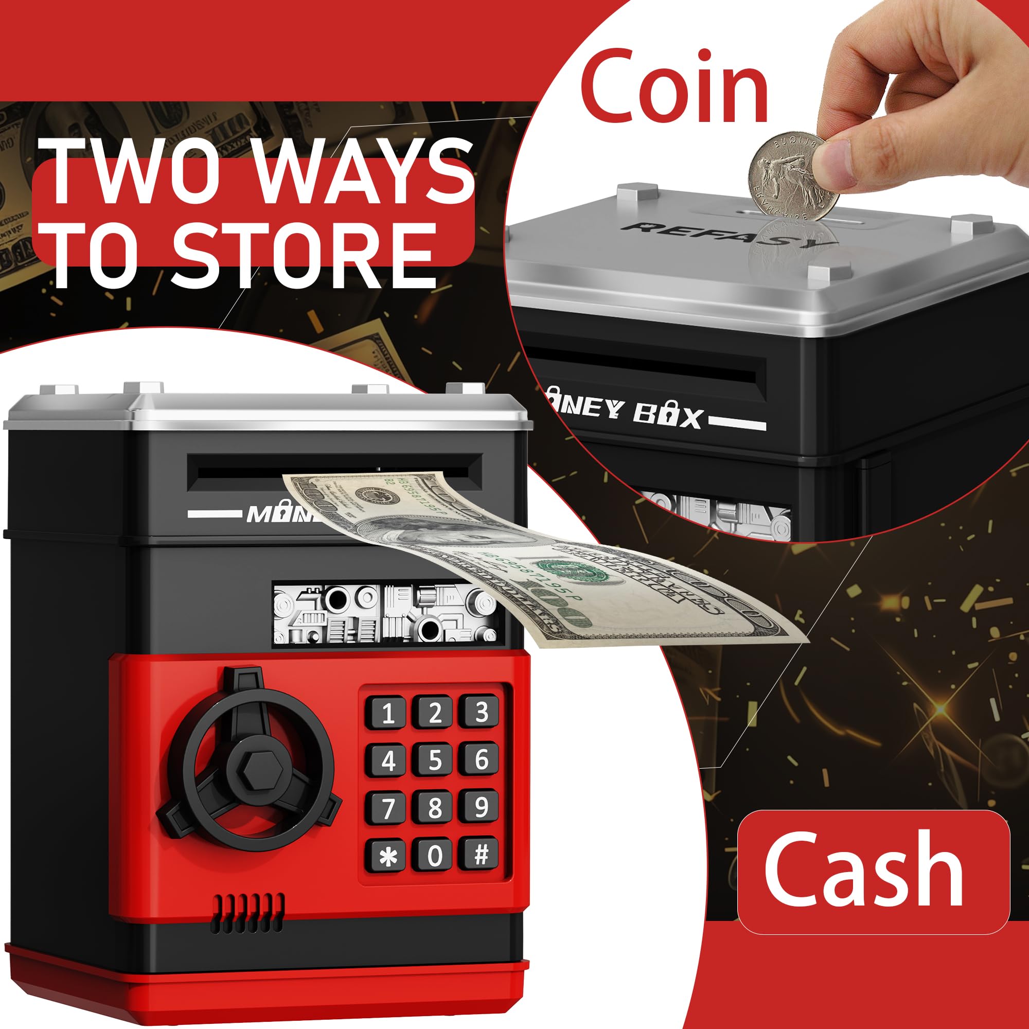 Refasy Piggy Bank Cash Coin Can ATM Bank Electronic Coin Money Bank for Kids Age 3-12, Money Savings Box Mini ATM Coin Bank Toys Gifts for 3 4 5 6 7 8 9 10 11 12 Year Old Boys Girls