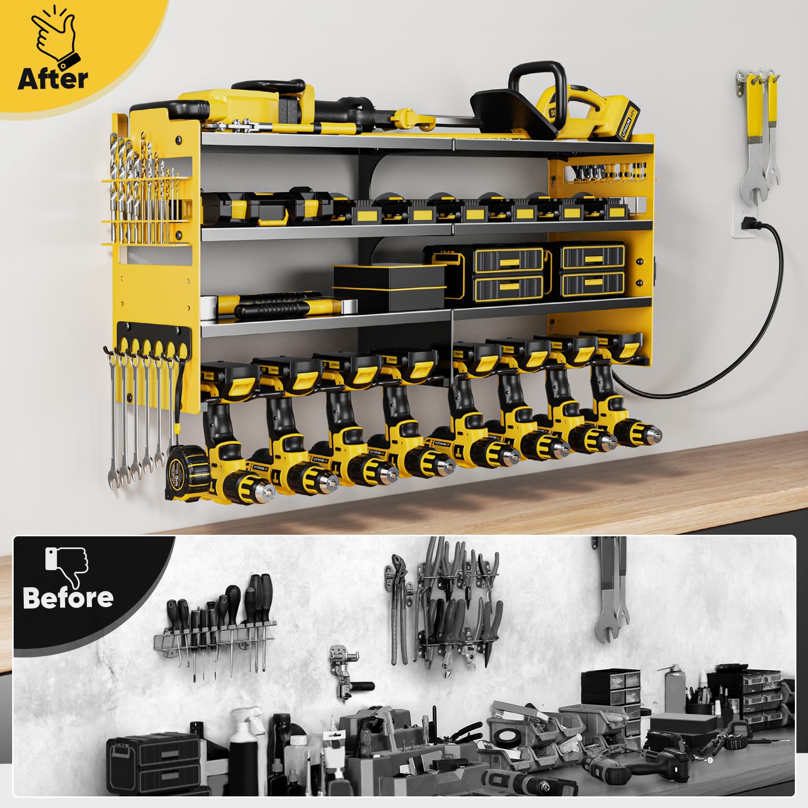 POKIPO Large Power Tool Organizer Wall Mount with Charging Station,4 Layer Heavy Duty Metal Tool Storage Rack Loads 600lbs with 8 Cordless Drill Holder,Battery Utility Rack Loads with 4 Power Strip