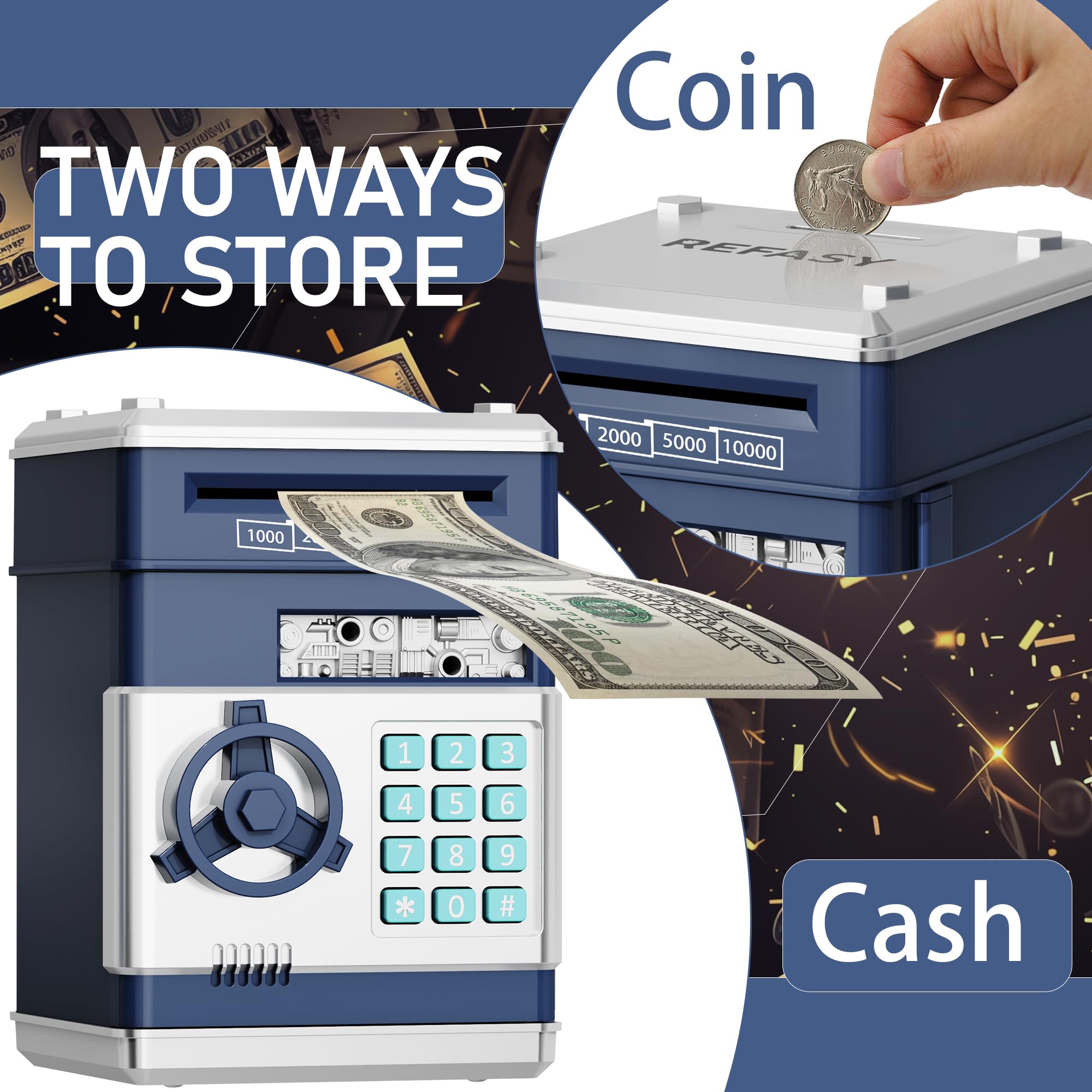 Refasy Piggy Bank Cash Coin Can ATM Bank Electronic Coin Money Bank for Kids Age 3-12, Money Savings Box Mini ATM Coin Bank Toys Gifts for 3 4 5 6 7 8 9 10 11 12 Year Old Boys Girls