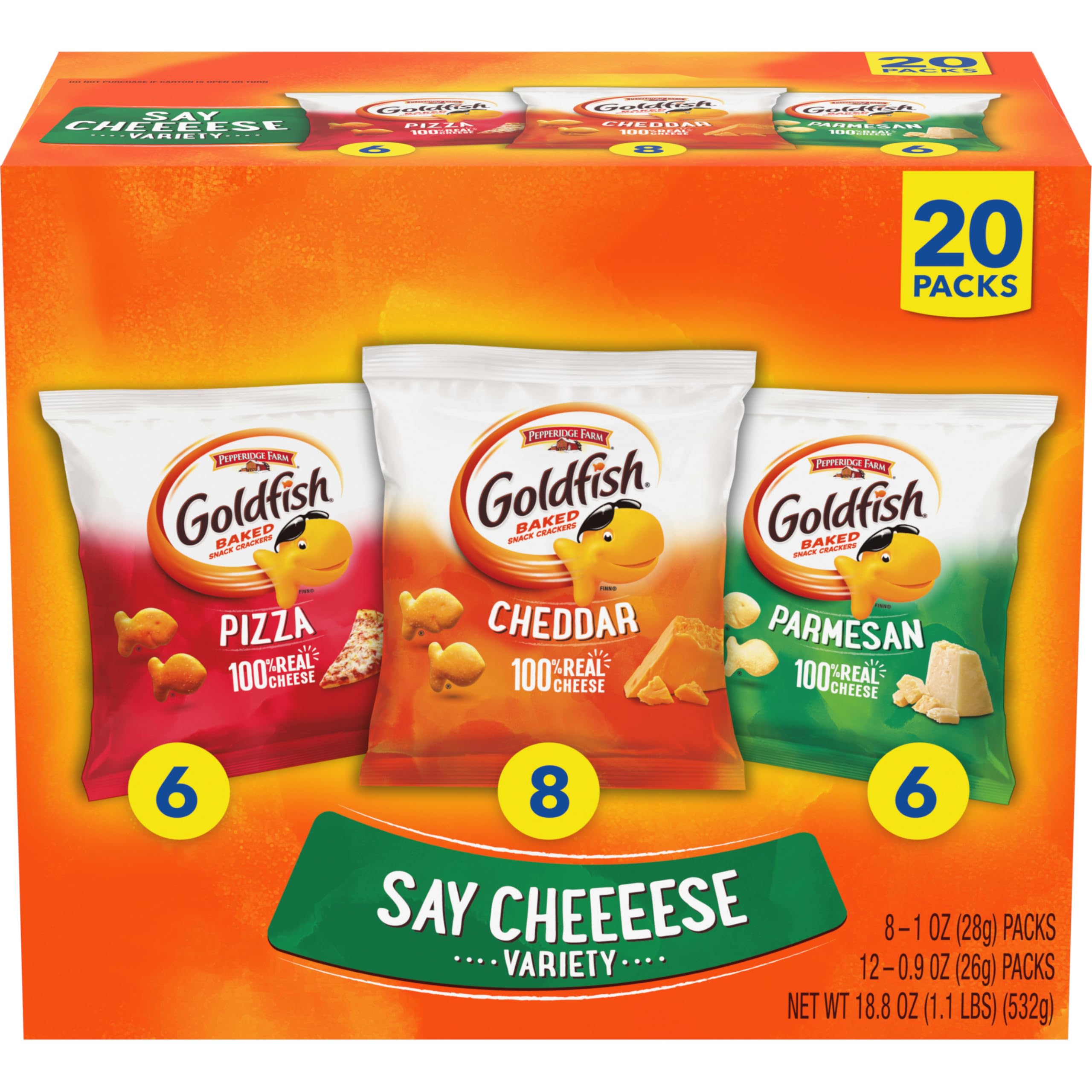 Goldfish Crackers Big Smiles Variety Pack with Cheddar, Colors, and Pretzels, Snack Packs, 30 Ct