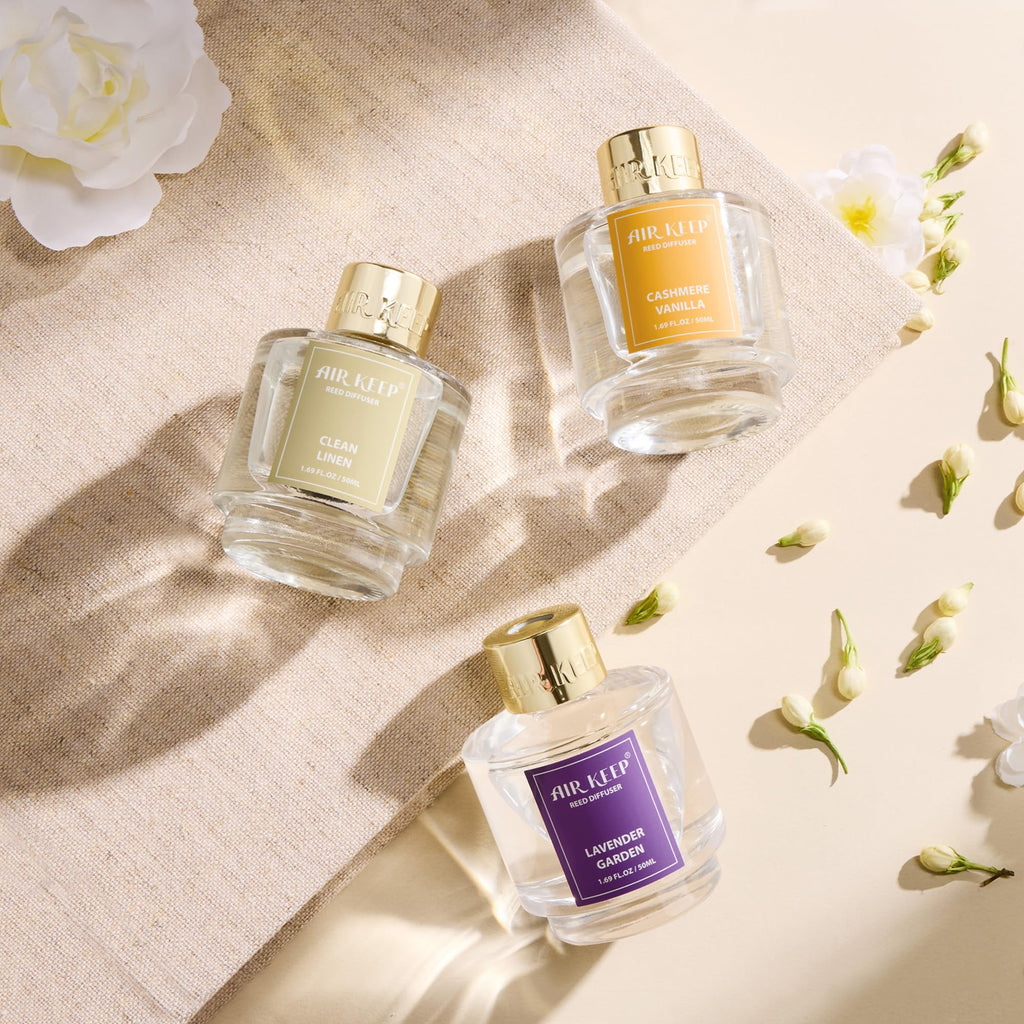 Airkeep Reed Diffuser Set of 3,Clean Linen Ocean Mist&Sea Salt Lavender Eucalyptus Oil Reed Diffusers for Bedroom Living Room Office Aromatherapy Oil Reed Diffuser for Gift 50ml x 3