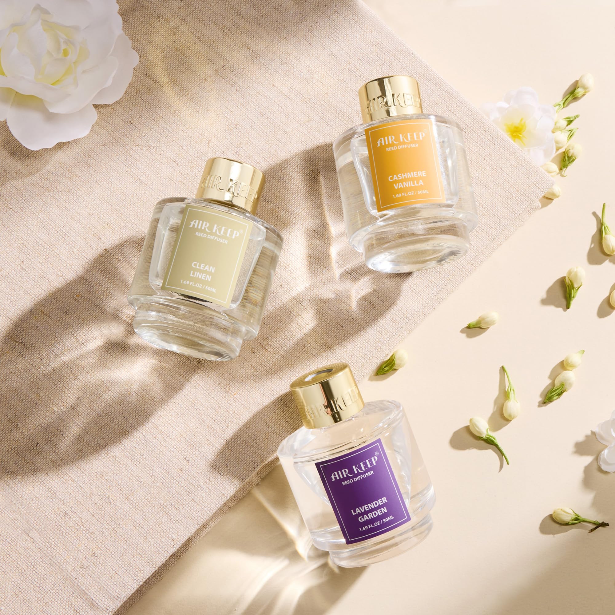 Airkeep Reed Diffuser Set of 3,Clean Linen Ocean Mist&Sea Salt Lavender Eucalyptus Oil Reed Diffusers for Bedroom Living Room Office Aromatherapy Oil Reed Diffuser for Gift 50ml x 3