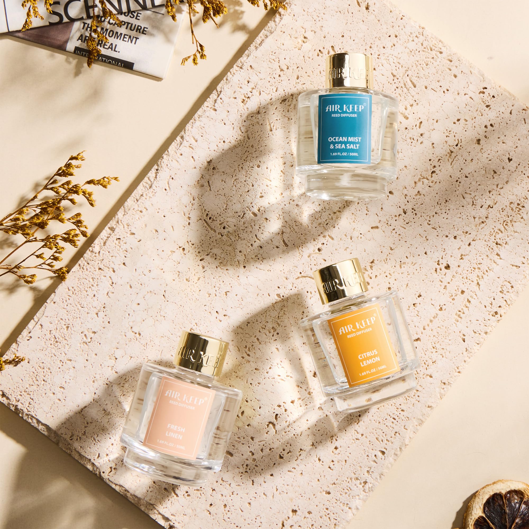Airkeep Reed Diffuser Set of 3,Clean Linen Ocean Mist&Sea Salt Lavender Eucalyptus Oil Reed Diffusers for Bedroom Living Room Office Aromatherapy Oil Reed Diffuser for Gift 50ml x 3