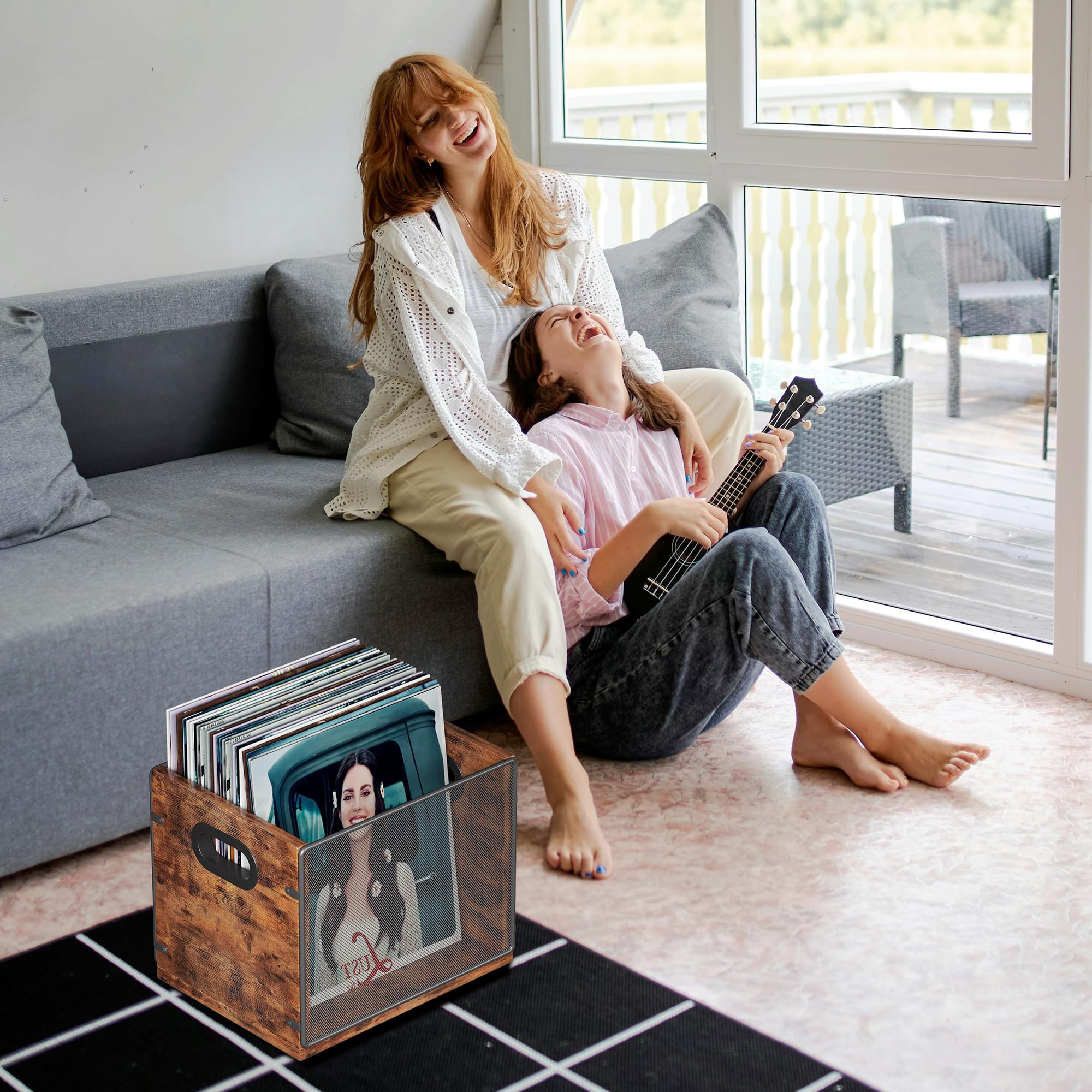 Homeiju Vinyl Record Storage, Record Box Case Crate, Vinyl Record Album Holder, Metal & Wooden LP Record Crate, Holds up to 60 Records