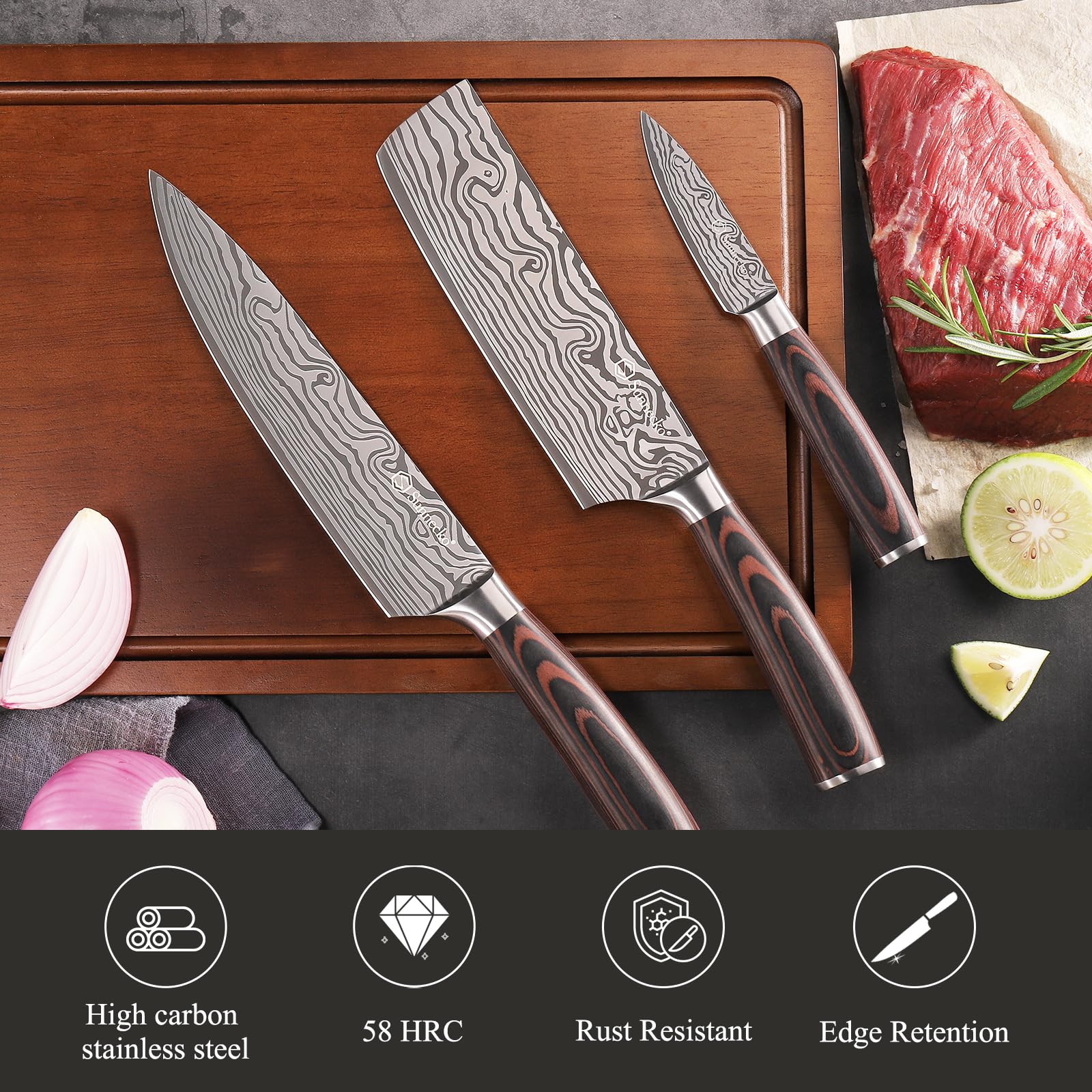 Sunnecko Kitchen Knife Set 5 Piece Chef Knife Set Professional High Carbon Stainless Steel, Sharp Kitchen Knives with Wooden Handle