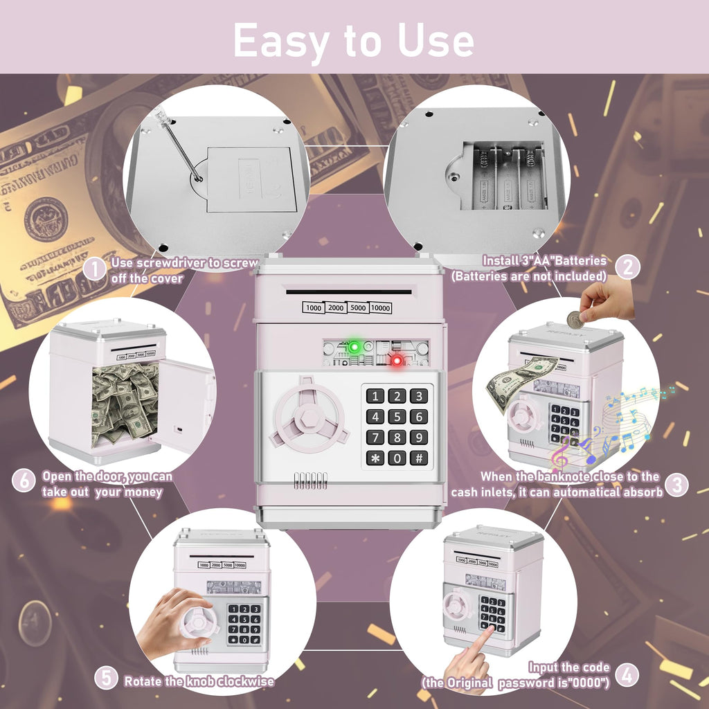 Refasy Piggy Bank Cash Coin Can ATM Bank Electronic Coin Money Bank for Kids Age 3-12, Money Savings Box Mini ATM Coin Bank Toys Gifts for 3 4 5 6 7 8 9 10 11 12 Year Old Boys Girls