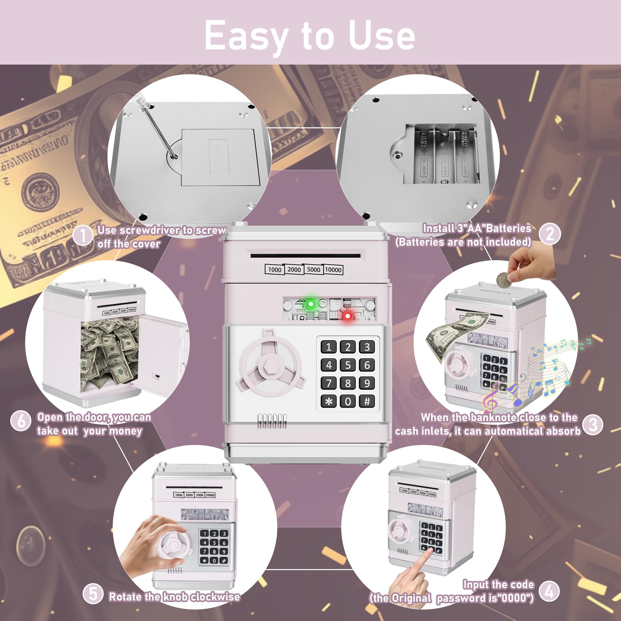 Refasy Piggy Bank Cash Coin Can ATM Bank Electronic Coin Money Bank for Kids Age 3-12, Money Savings Box Mini ATM Coin Bank Toys Gifts for 3 4 5 6 7 8 9 10 11 12 Year Old Boys Girls