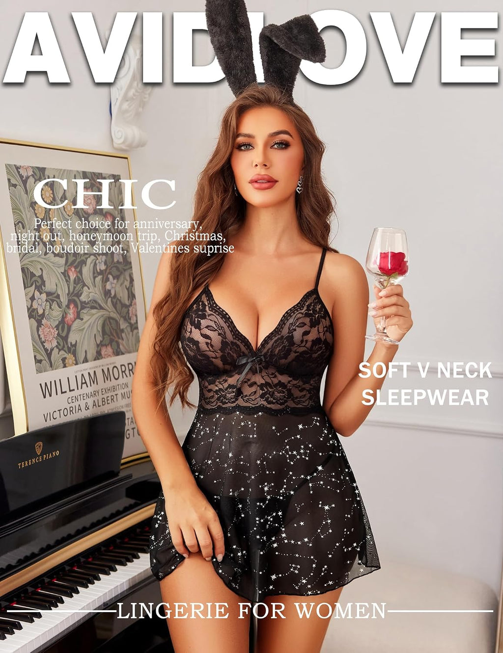 Avidlove Lingerie for Women Lace Babydoll Chemise Sheer Mesh Nightgown