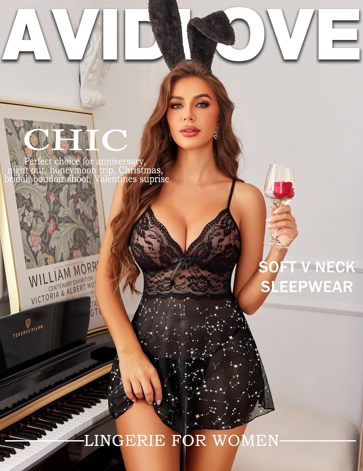 Avidlove Lingerie for Women Lace Babydoll Chemise Sheer Mesh Nightgown